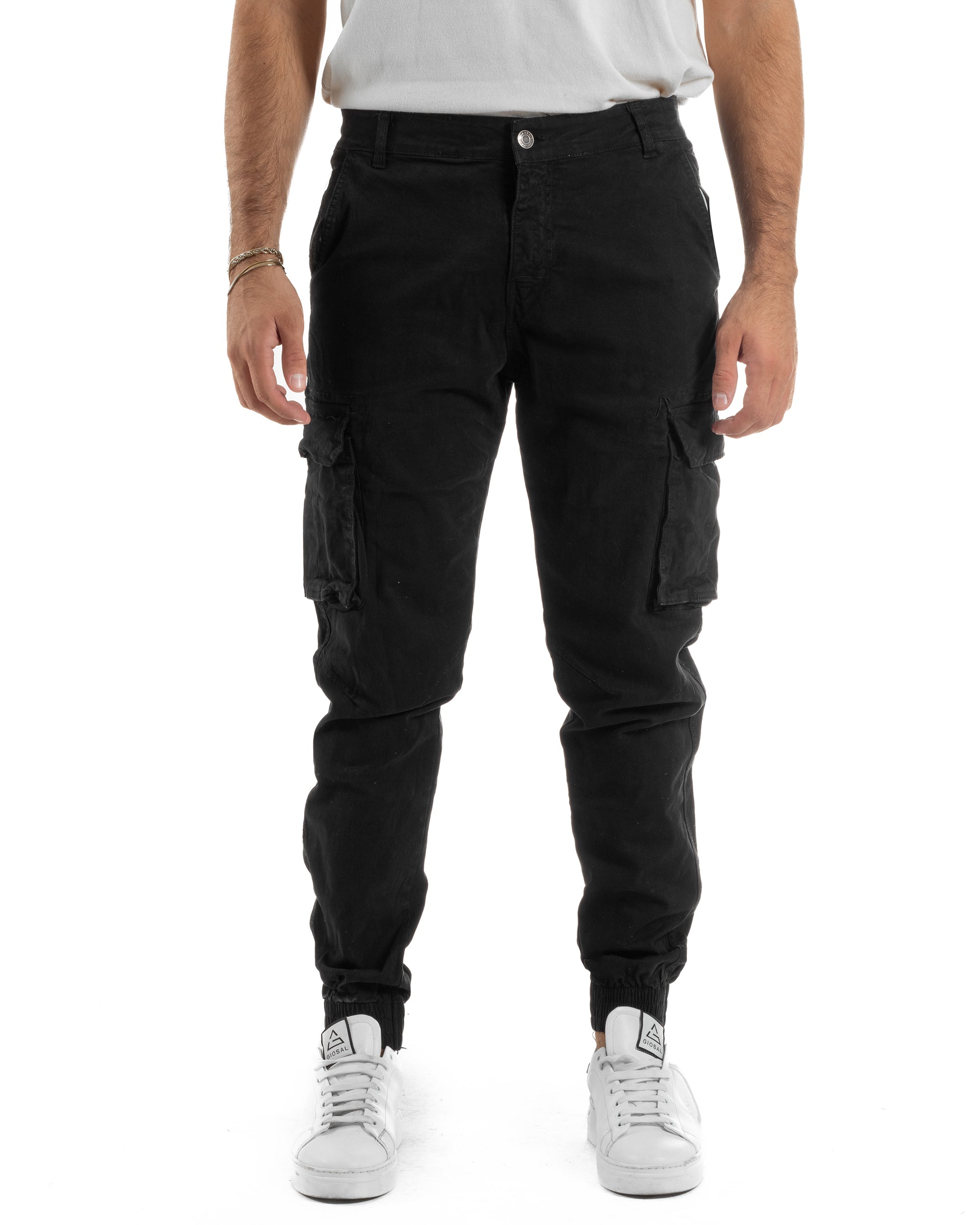 Pantaloni Uomo Cargo Cotone Casual Slim Fit Nero P6364A