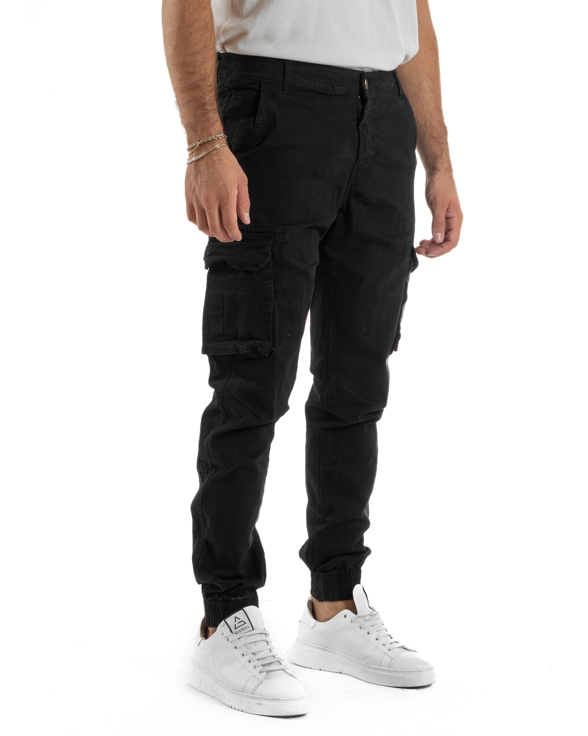 Pantaloni Uomo Cargo Cotone Casual Slim Fit Nero P6364A