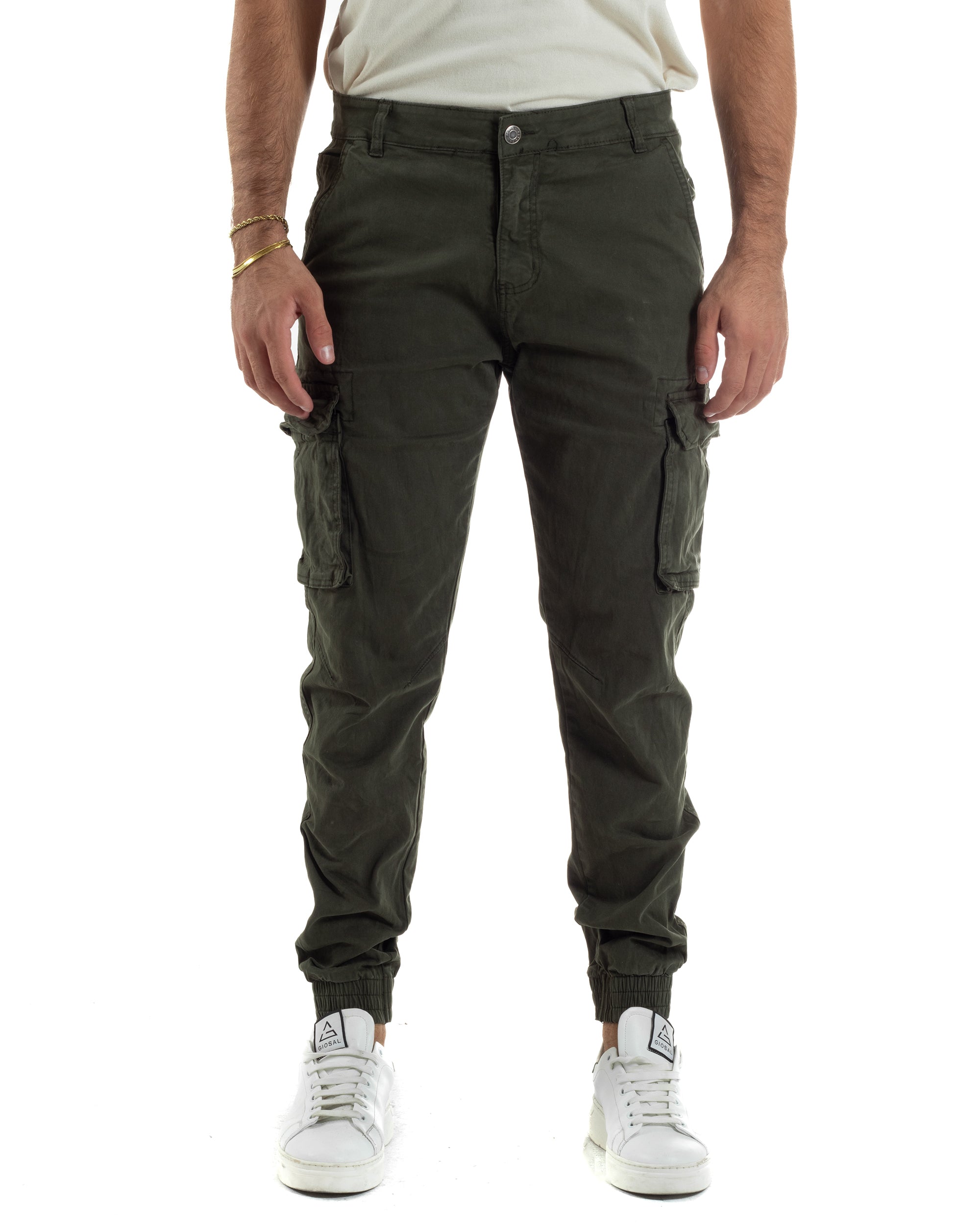 Pantaloni Uomo Cargo Cotone Casual Slim Fit Verde P6365A