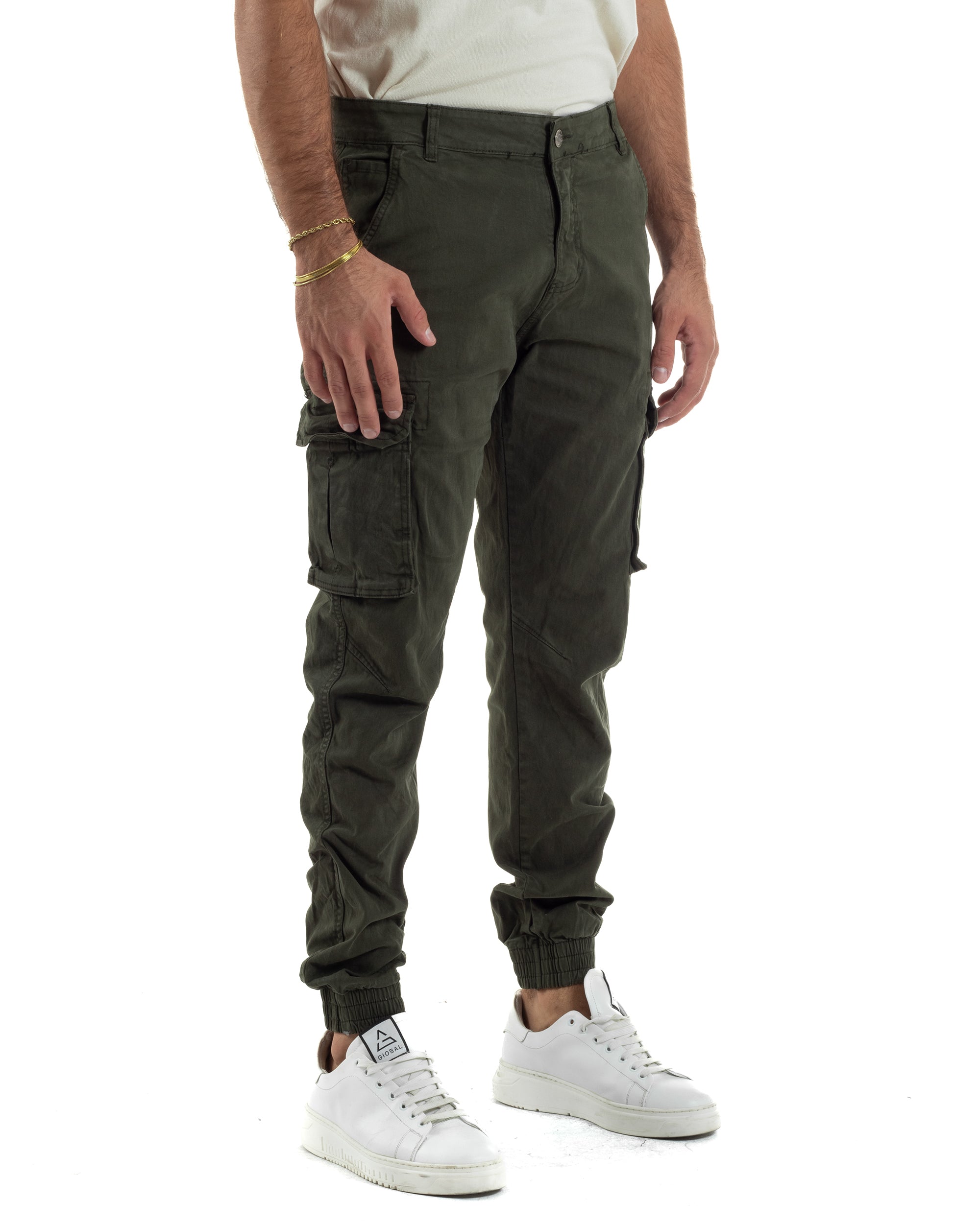Pantaloni Uomo Cargo Cotone Casual Slim Fit Verde P6365A