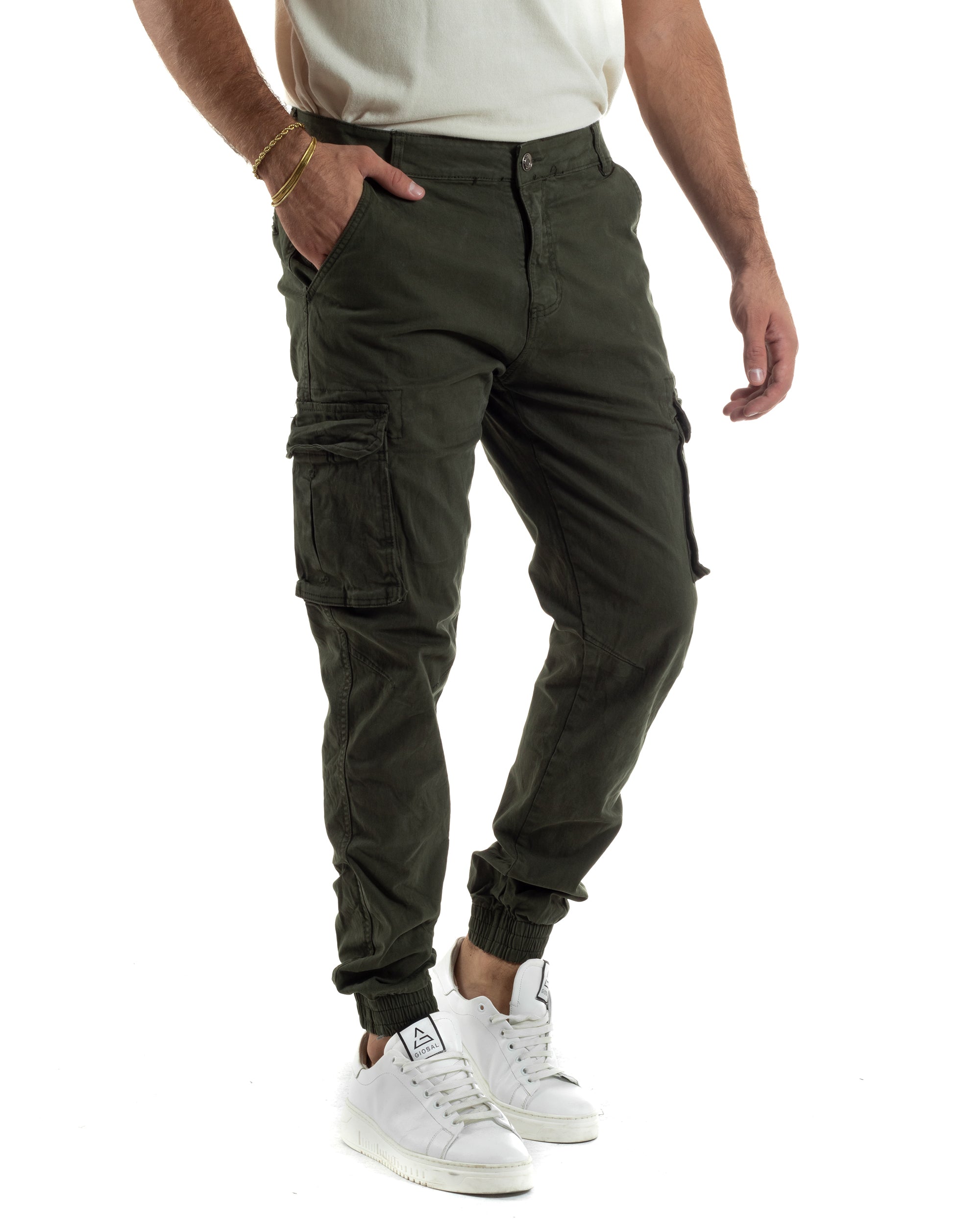 Pantaloni Uomo Cargo Cotone Casual Slim Fit Verde P6365A