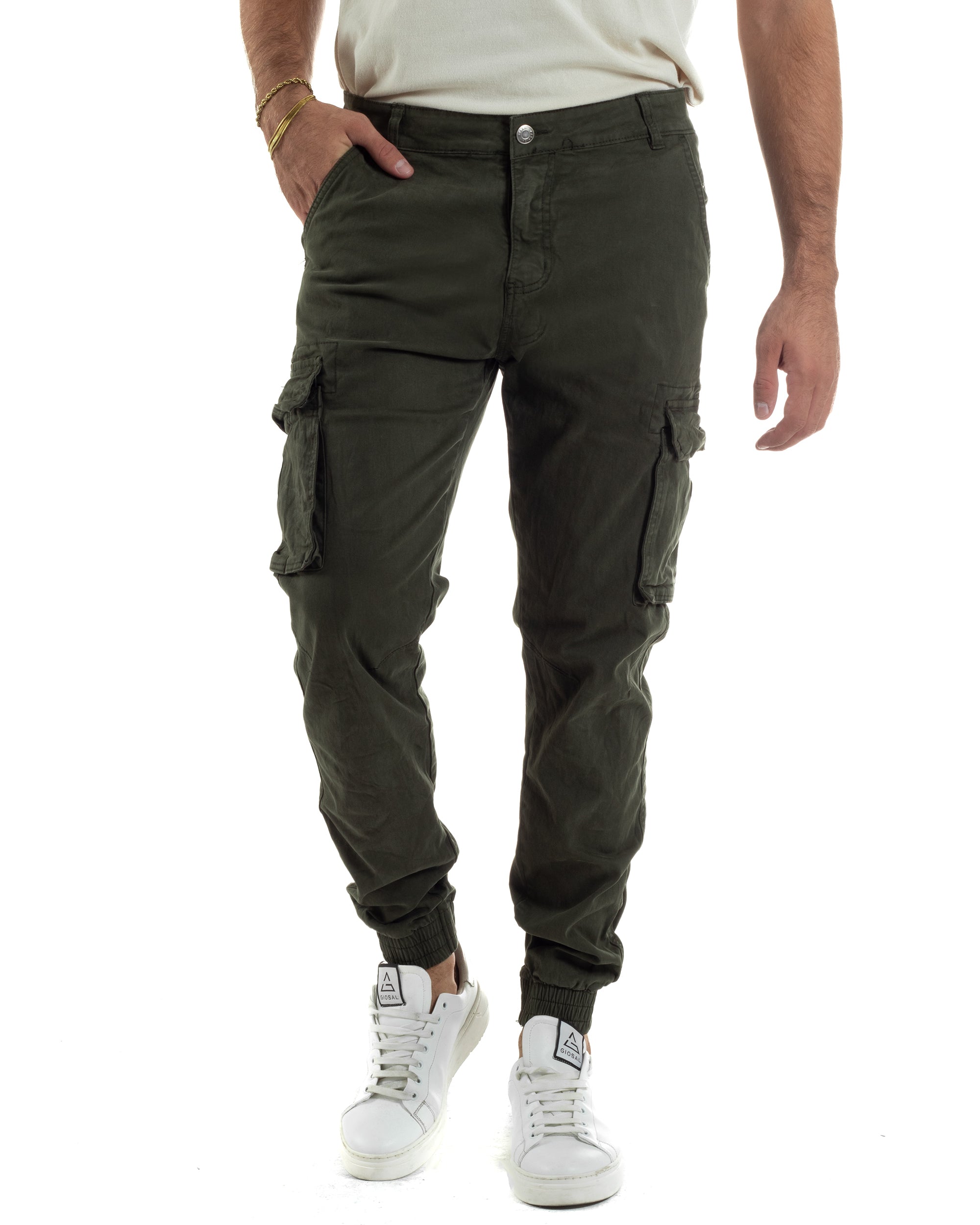 Pantaloni Uomo Cargo Cotone Casual Slim Fit Verde P6365A