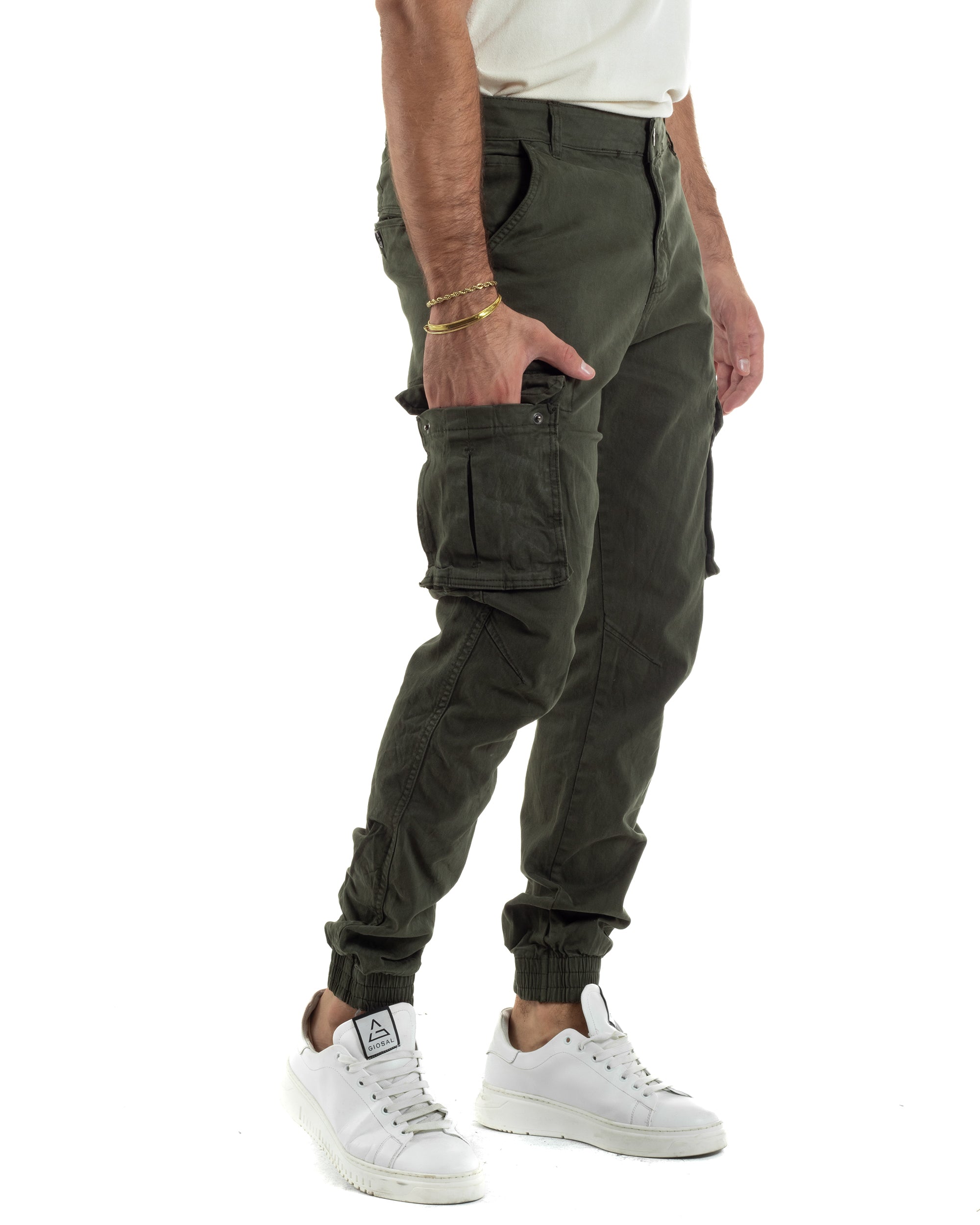 Pantaloni Uomo Cargo Cotone Casual Slim Fit Verde P6365A