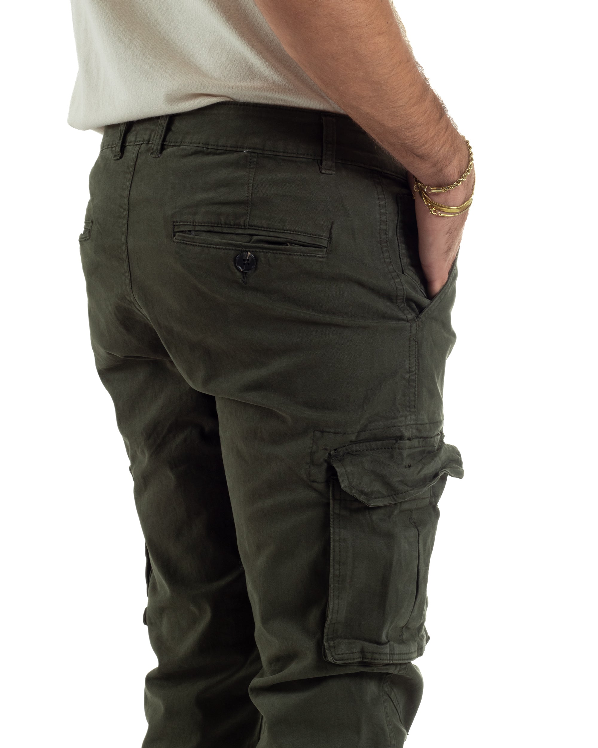 Pantaloni Uomo Cargo Cotone Casual Slim Fit Verde P6365A