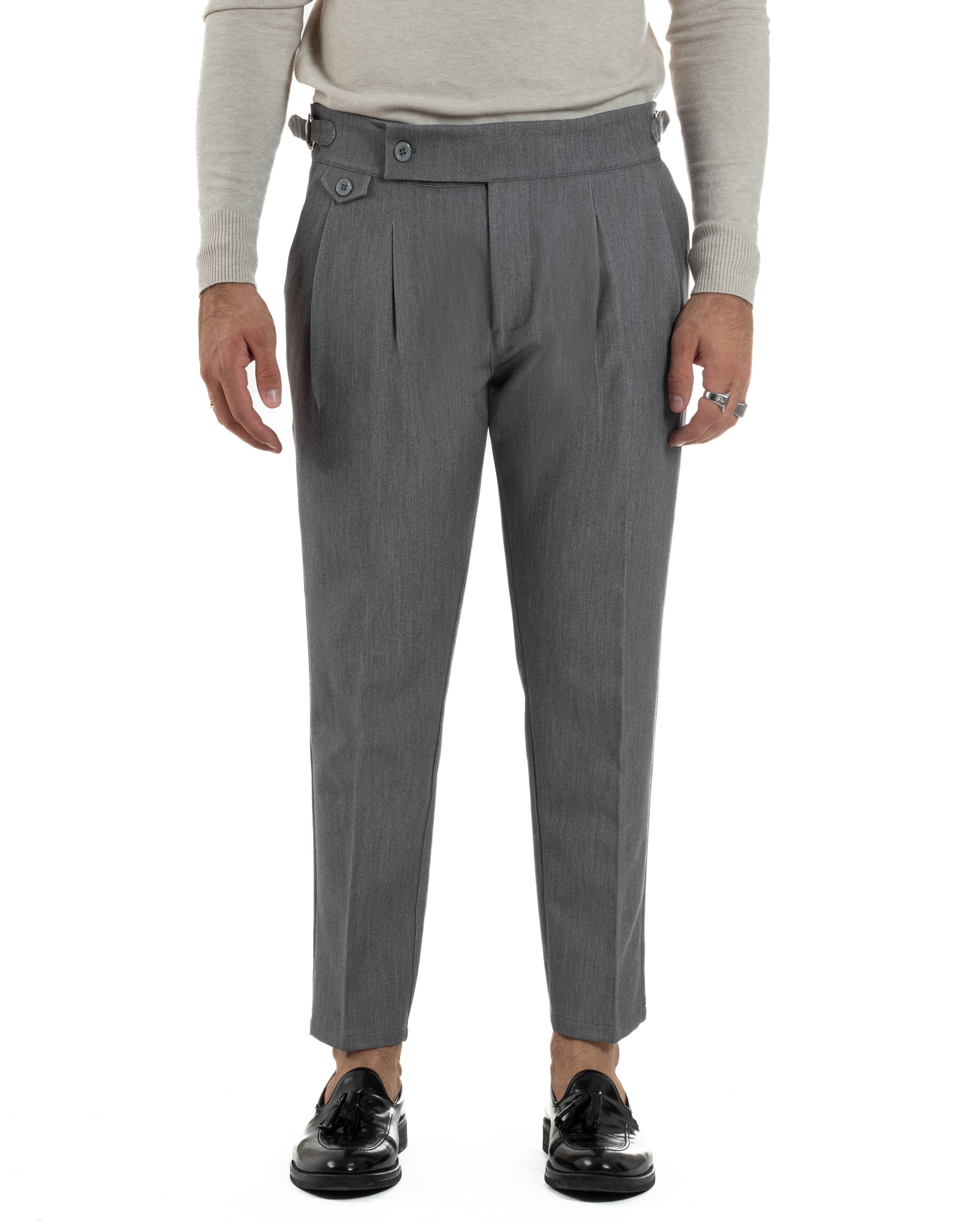 Pantaloni Uomo Classico Con Pinces Viscosa Vita Alta Gurkha Pants Fibbie Grigio P6366A