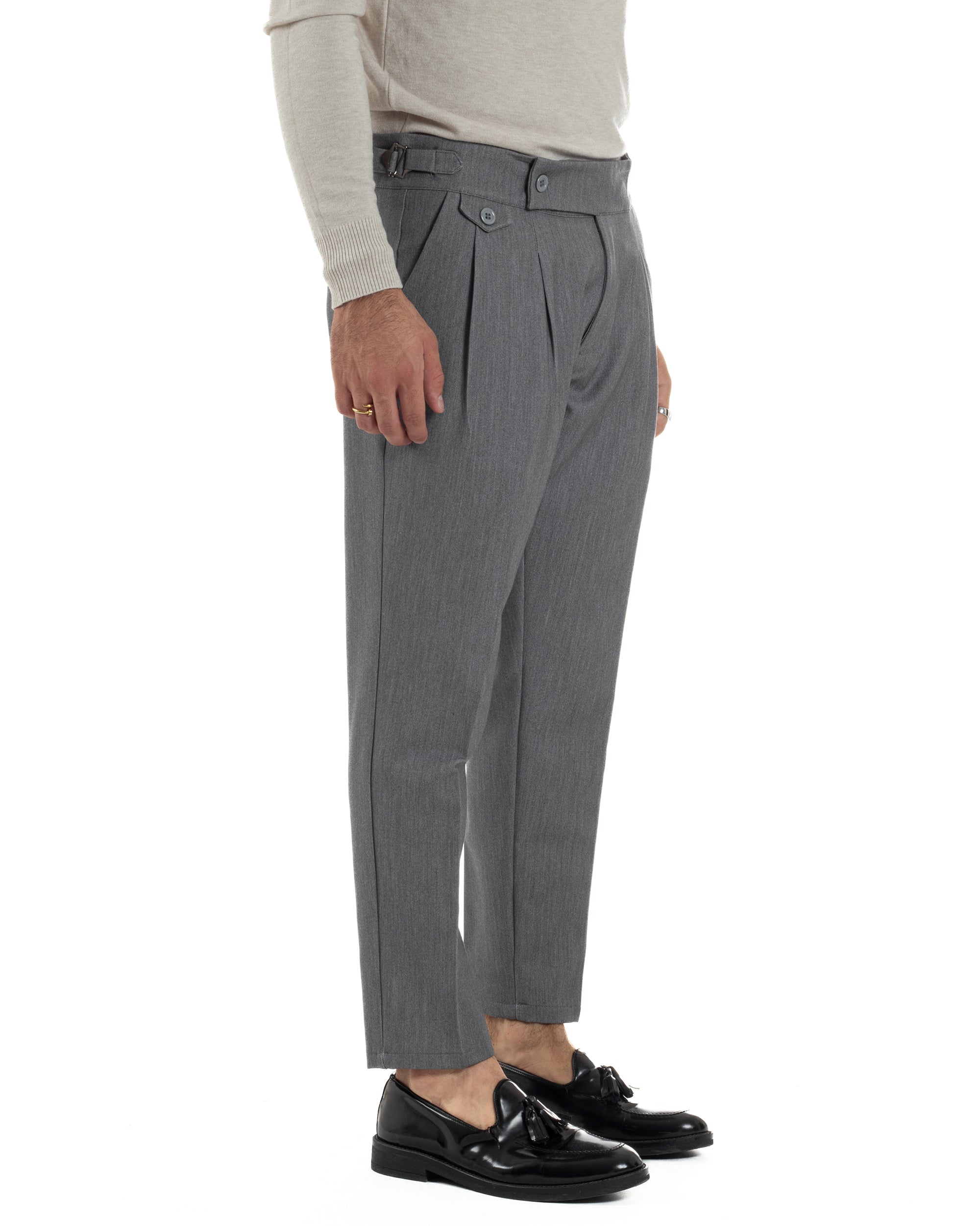 Pantaloni Uomo Classico Con Pinces Viscosa Vita Alta Gurkha Pants Fibbie Grigio P6366A