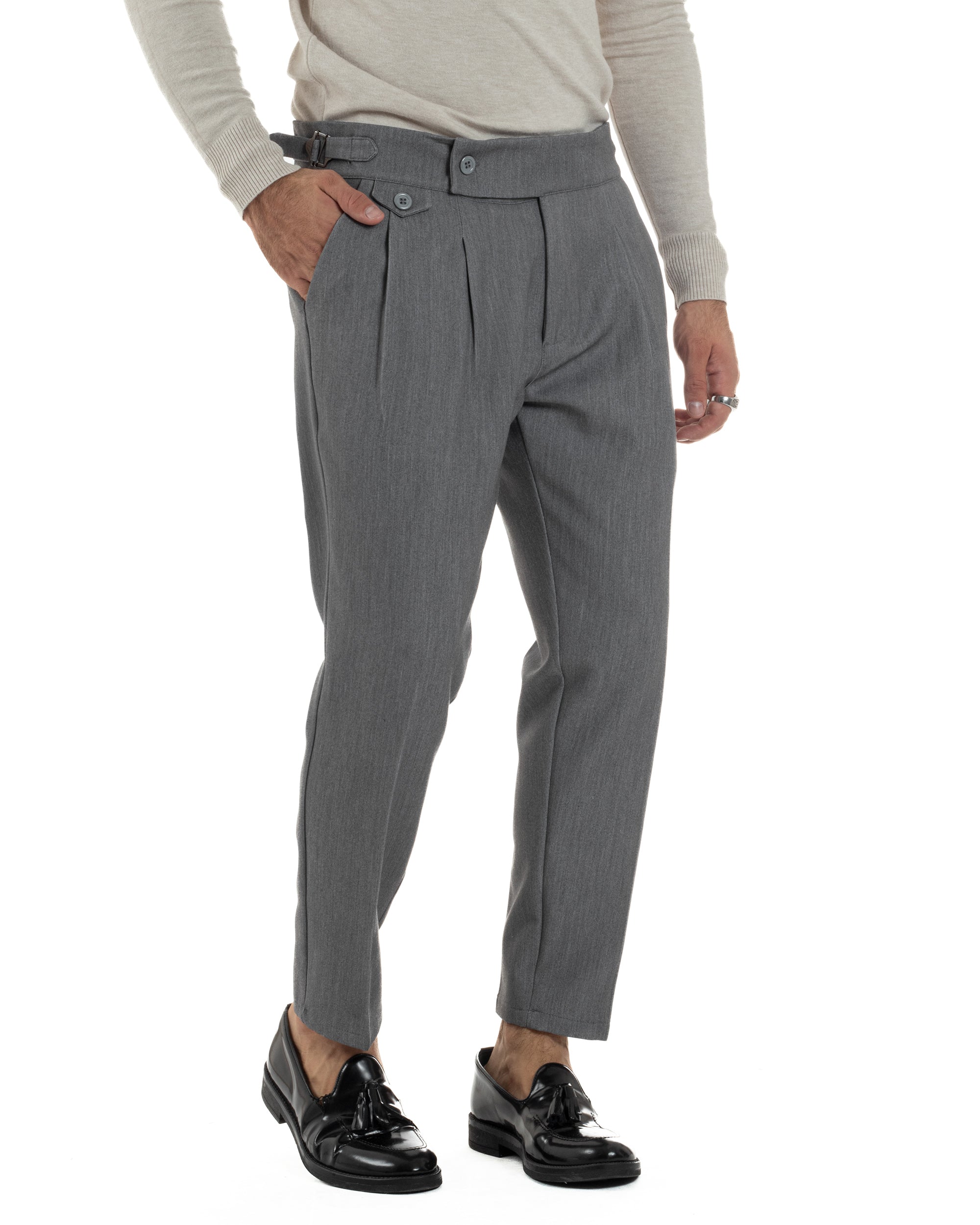 Pantaloni Uomo Classico Con Pinces Viscosa Vita Alta Gurkha Pants Fibbie Grigio P6366A