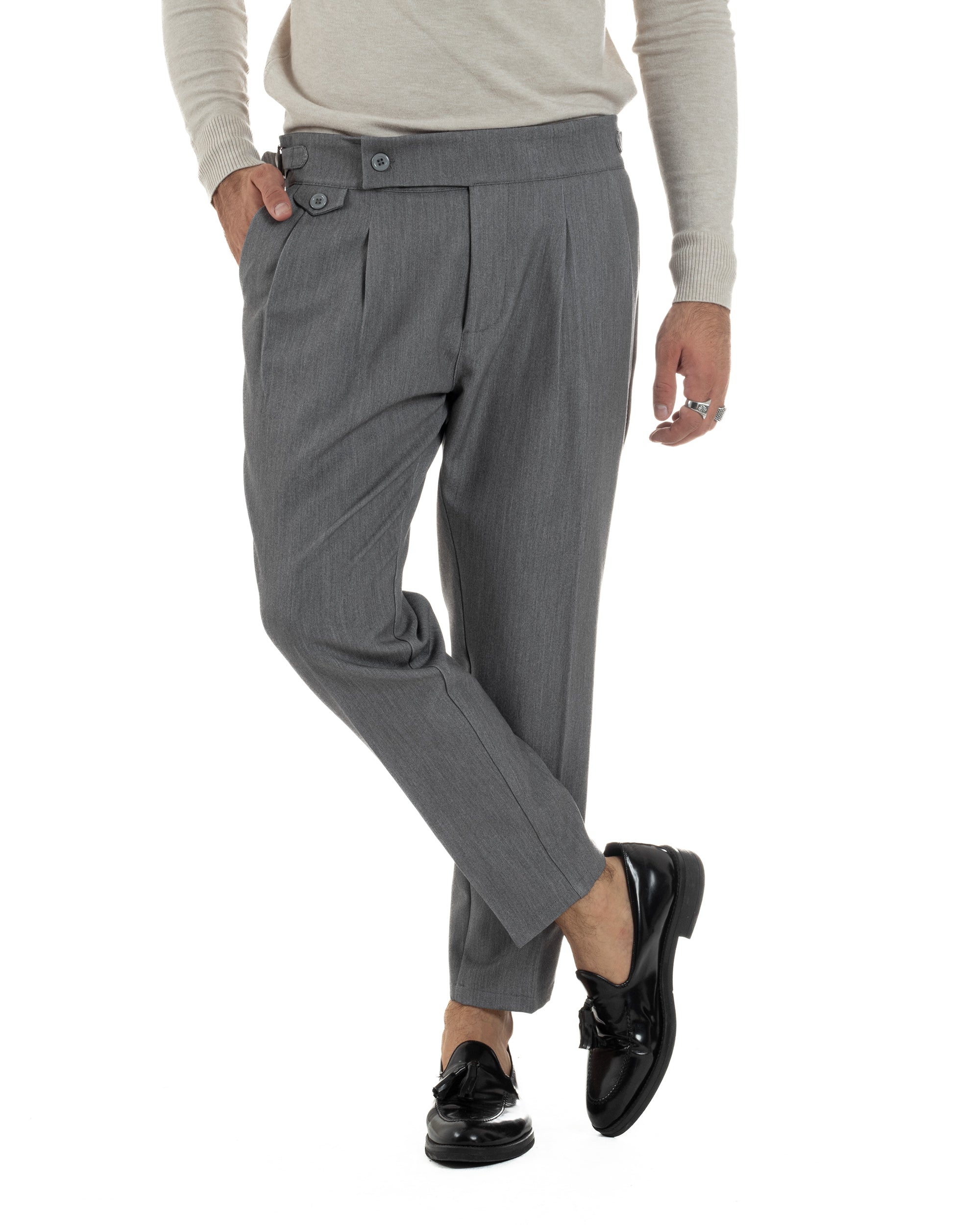 Pantaloni Uomo Classico Con Pinces Viscosa Vita Alta Gurkha Pants Fibbie Grigio P6366A