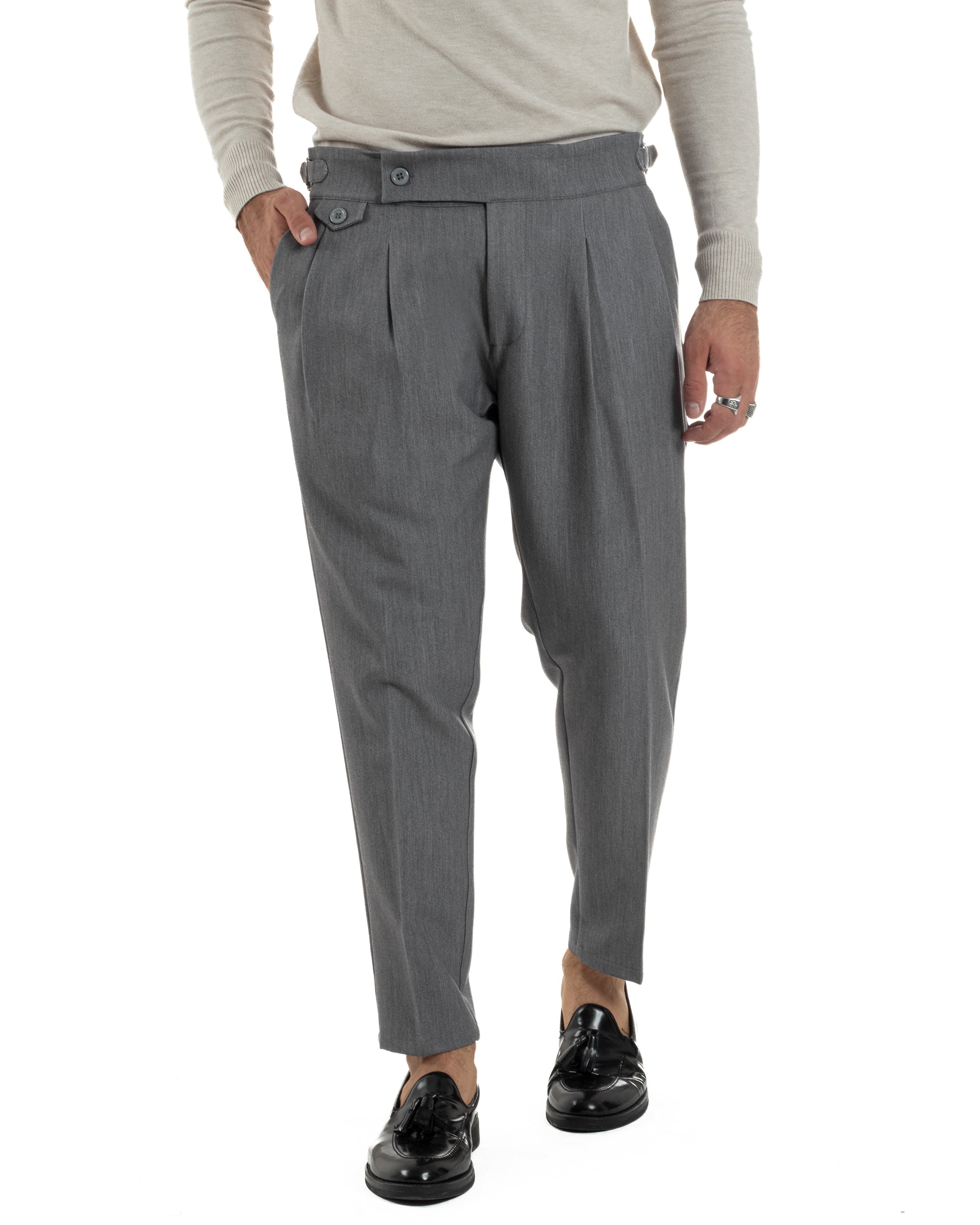 Pantaloni Uomo Classico Con Pinces Viscosa Vita Alta Gurkha Pants Fibbie Grigio P6366A