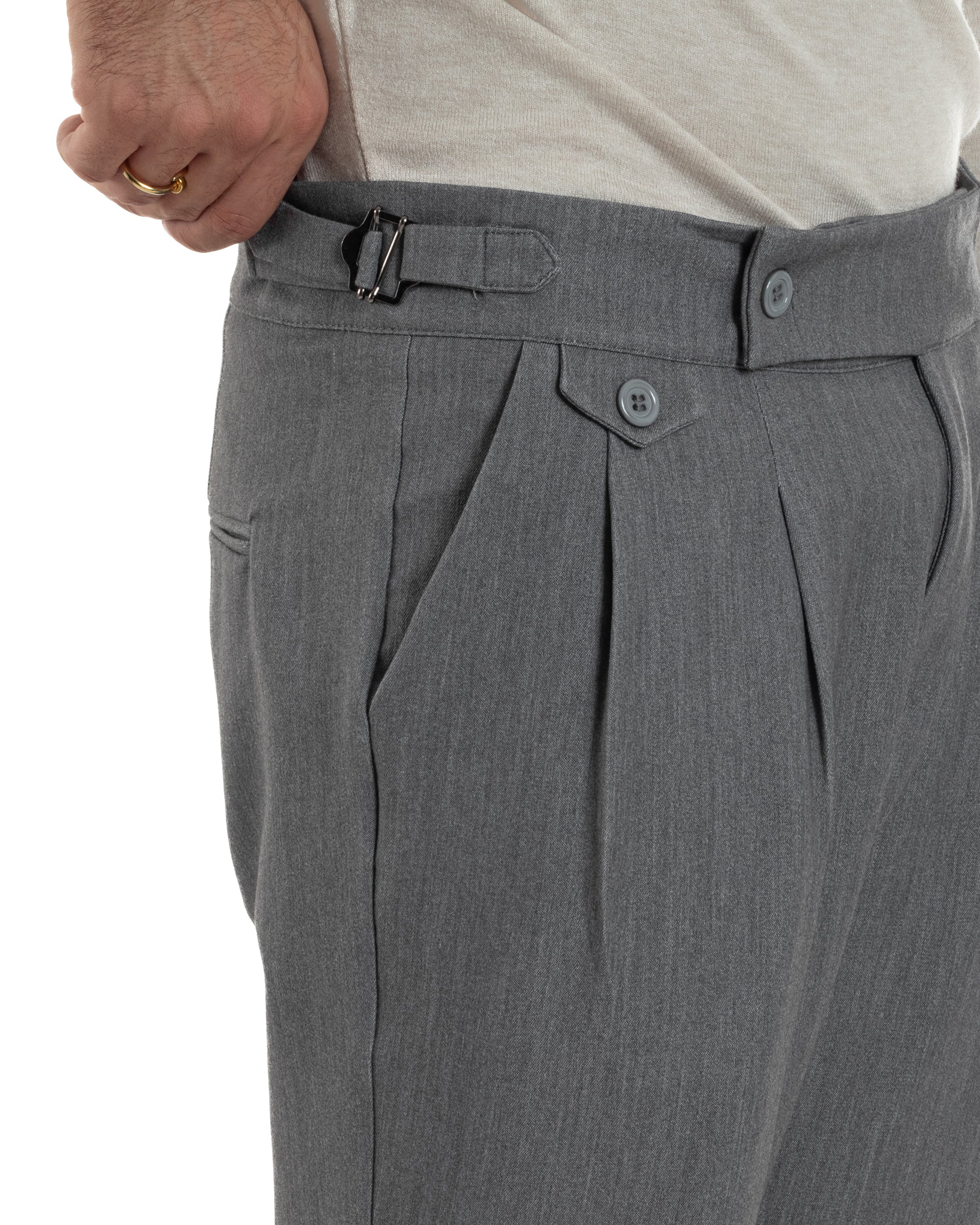 Pantaloni Uomo Classico Con Pinces Viscosa Vita Alta Gurkha Pants Fibbie Grigio P6366A