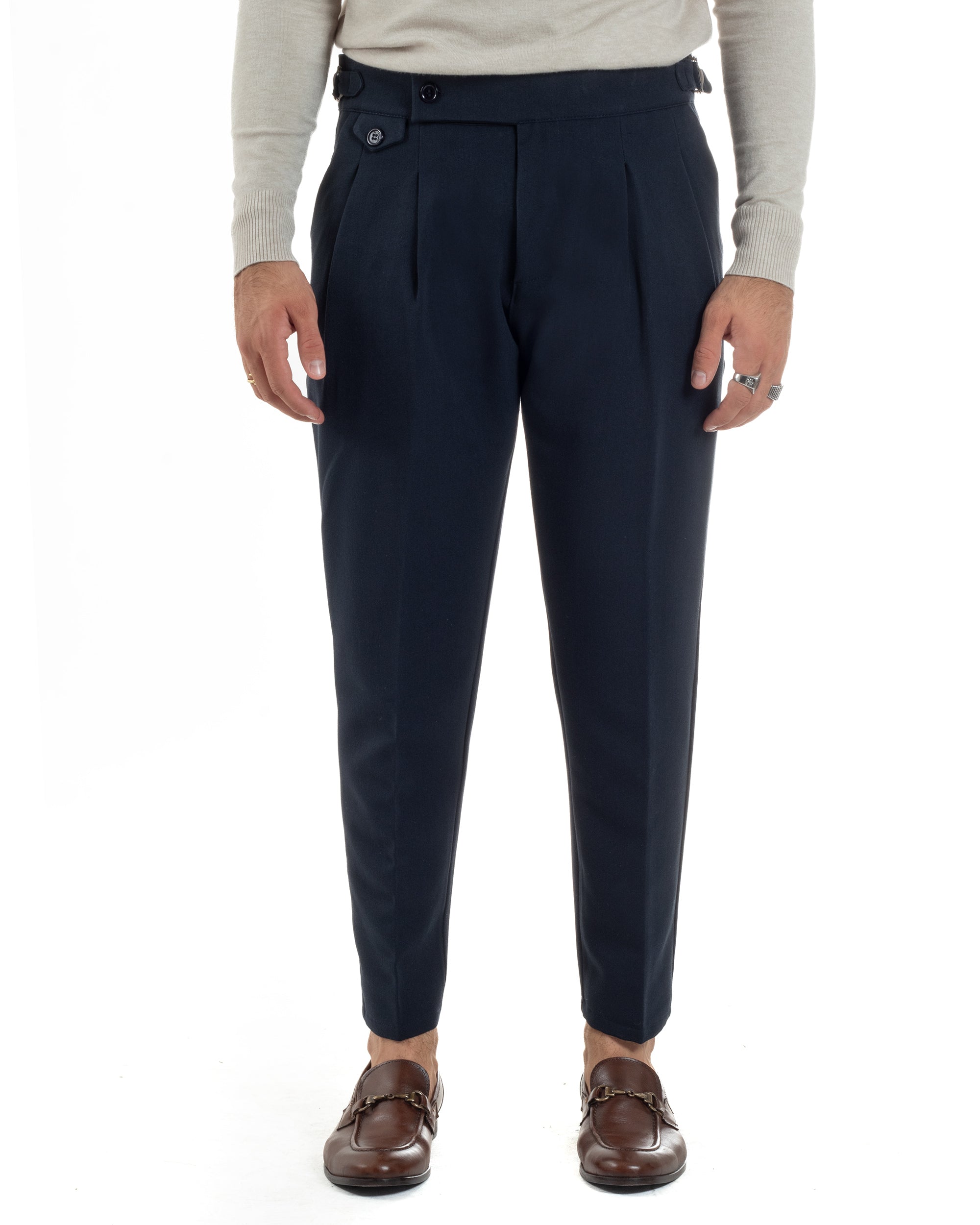 Pantaloni Uomo Classico Con Pinces Viscosa Vita Alta Gurkha Pants Fibbie Blu P6367A