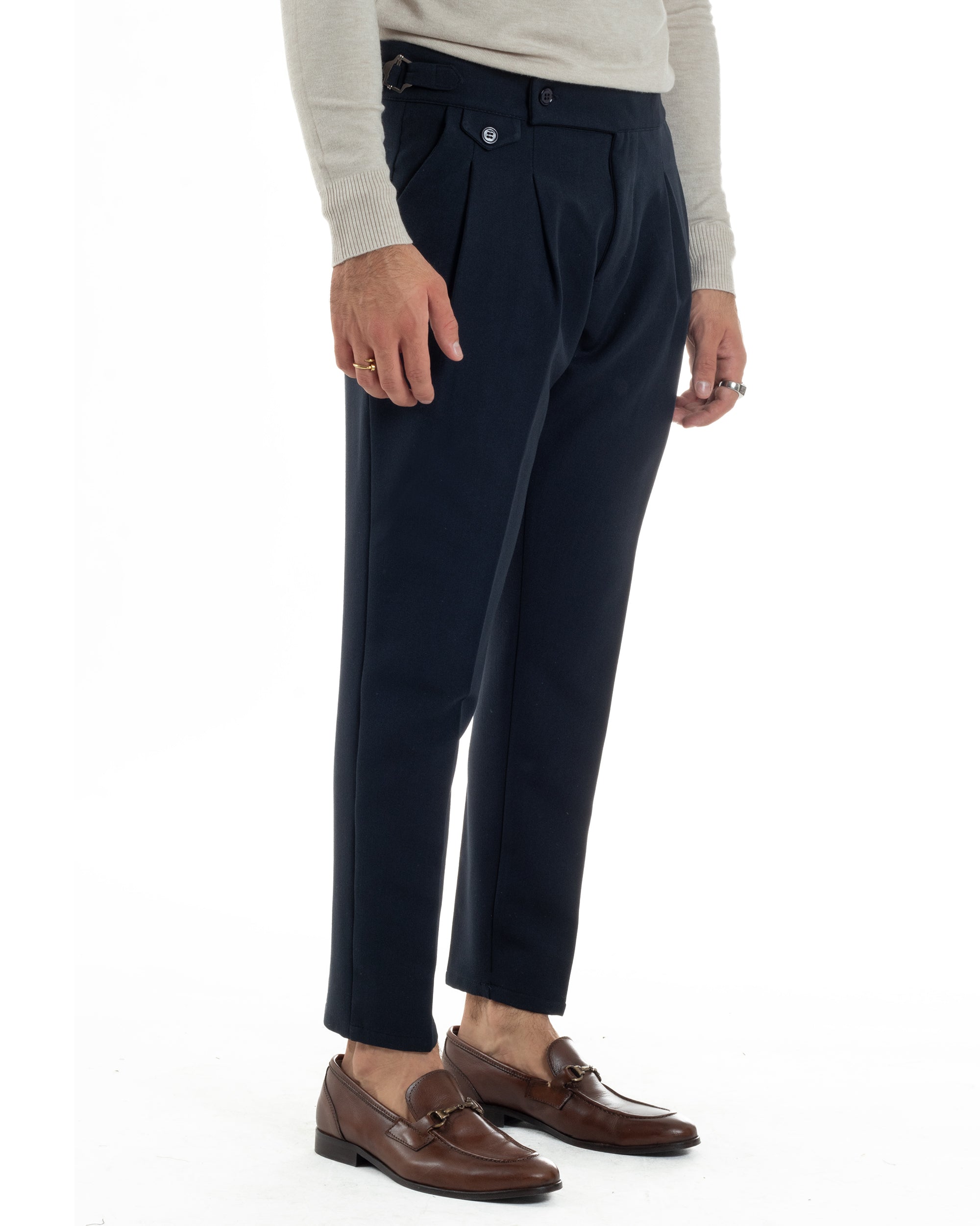 Pantaloni Uomo Classico Con Pinces Viscosa Vita Alta Gurkha Pants Fibbie Blu P6367A