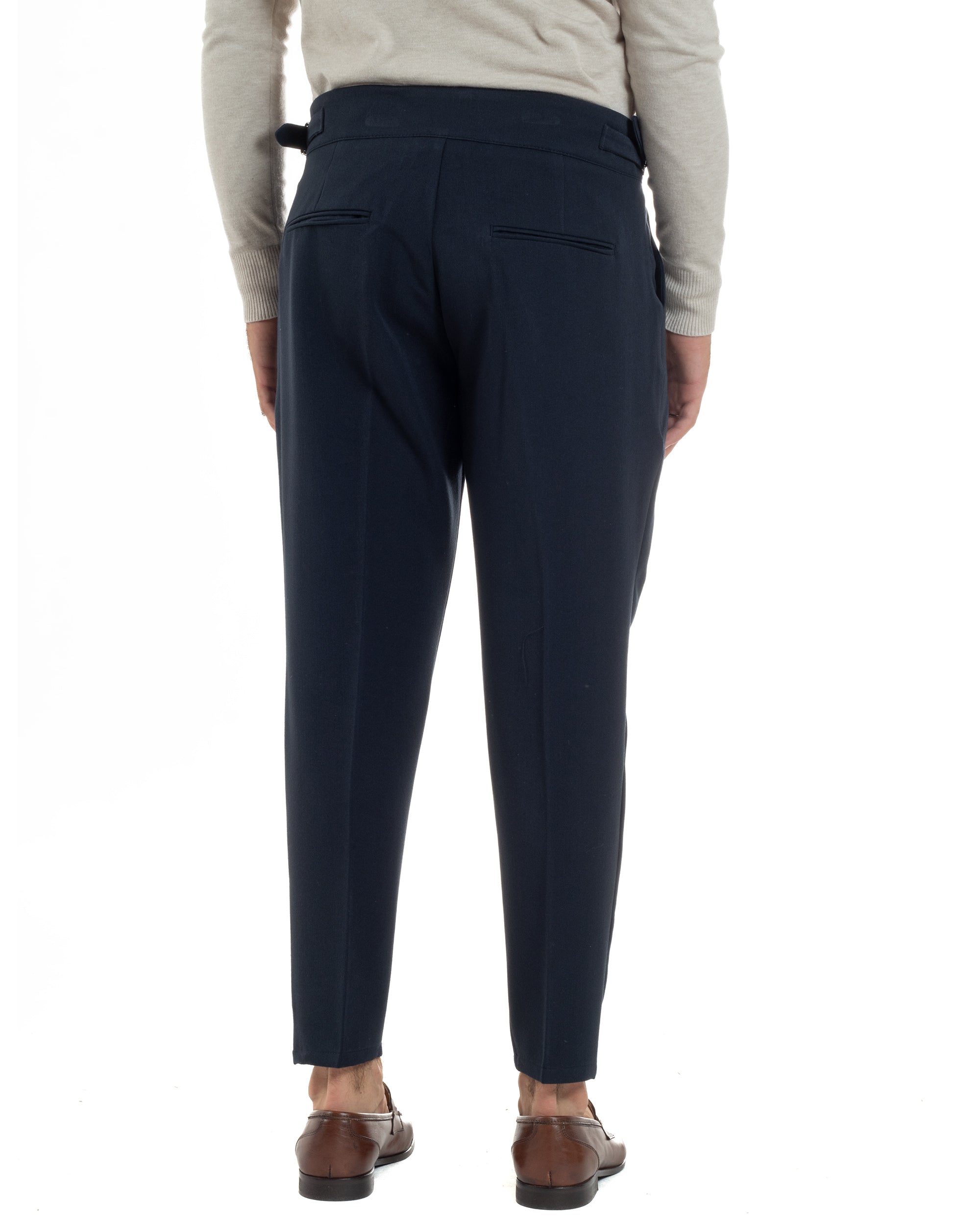 Pantaloni Uomo Classico Con Pinces Viscosa Vita Alta Gurkha Pants Fibbie Blu P6367A