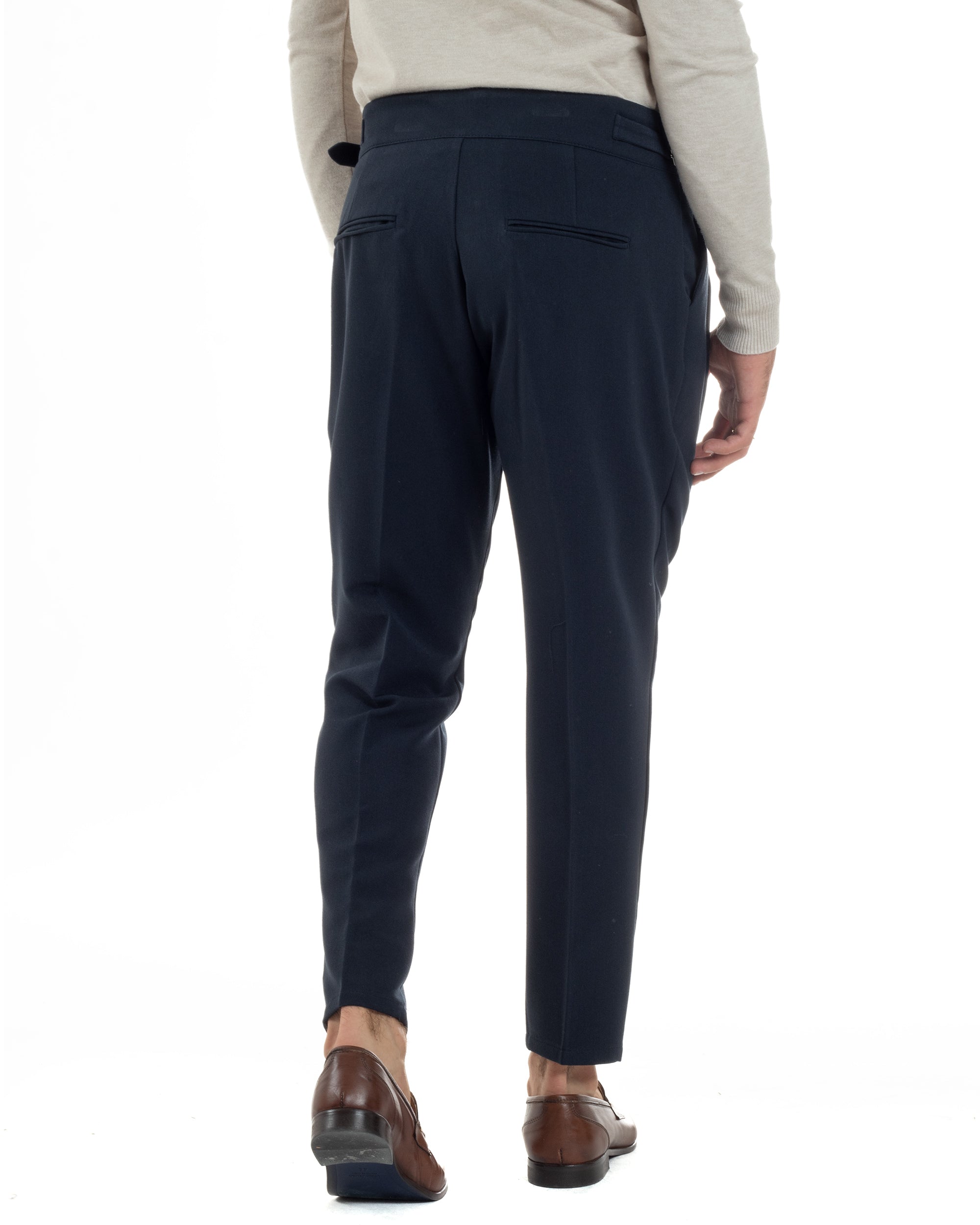 Pantaloni Uomo Classico Con Pinces Viscosa Vita Alta Gurkha Pants Fibbie Blu P6367A