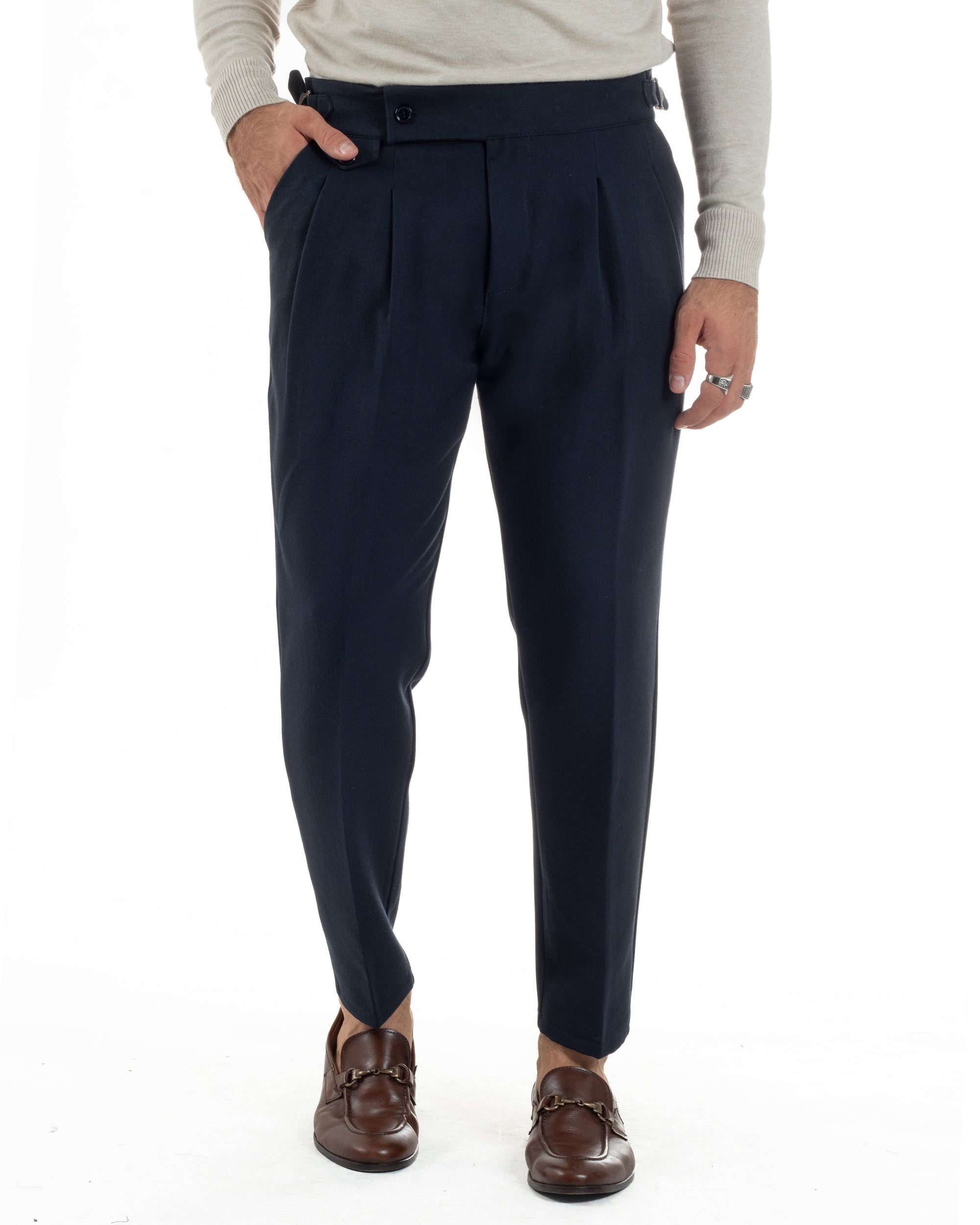 Pantaloni Uomo Classico Con Pinces Viscosa Vita Alta Gurkha Pants Fibbie Blu P6367A