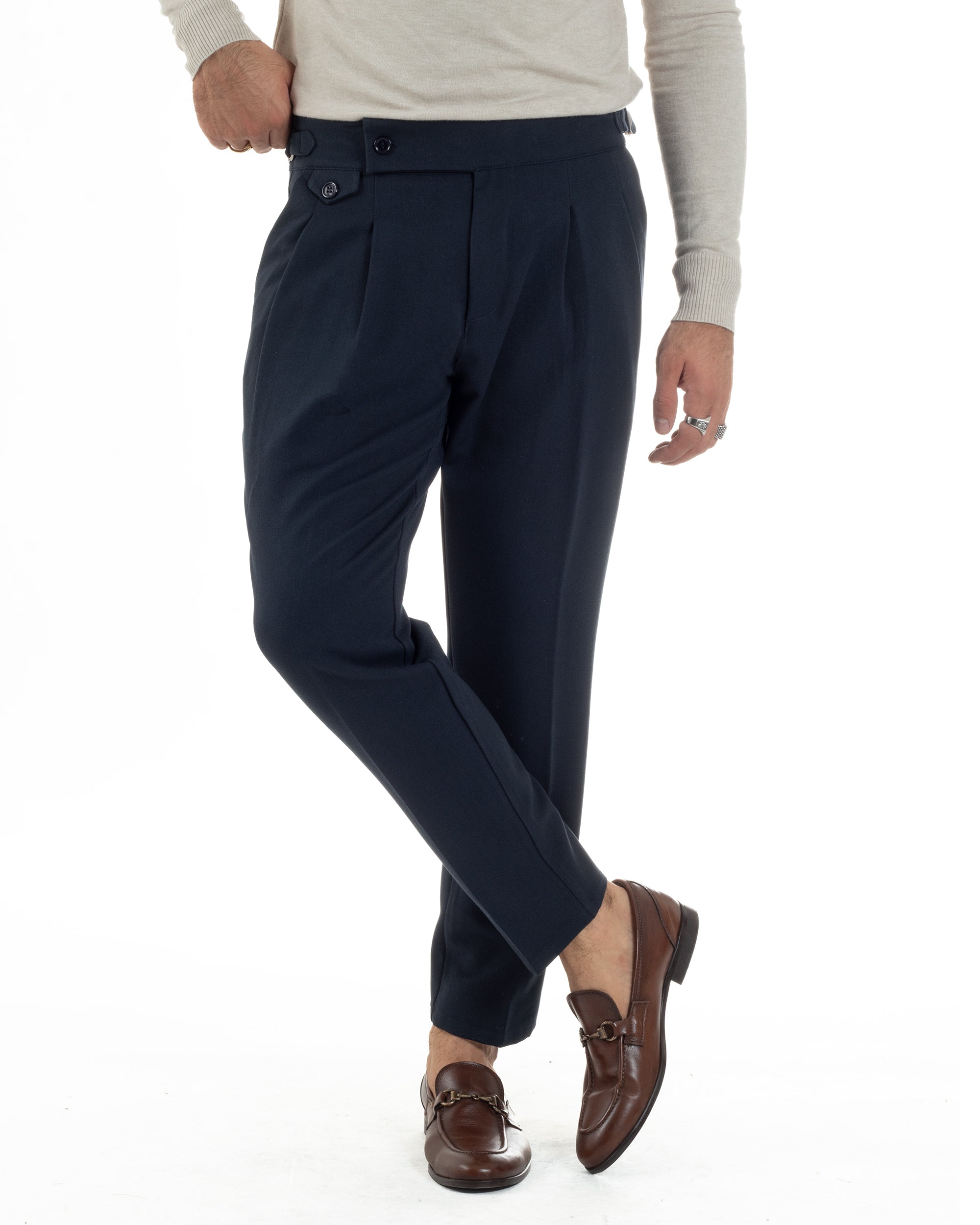 Pantaloni Uomo Classico Con Pinces Viscosa Vita Alta Gurkha Pants Fibbie Blu P6367A