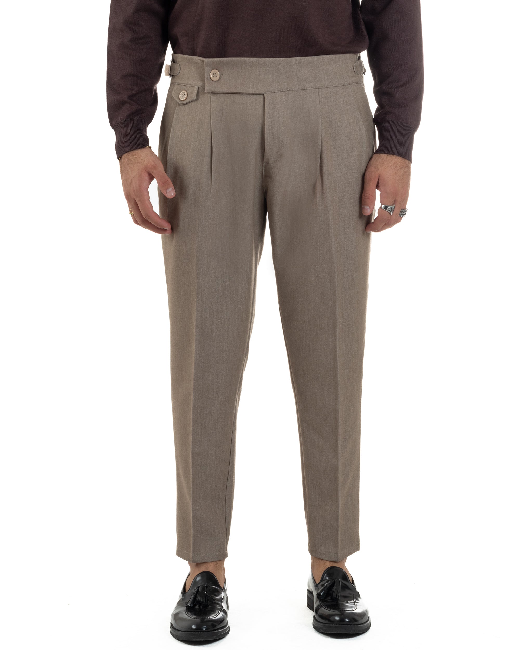 Pantaloni Uomo Classico Con Pinces Viscosa Vita Alta Gurkha Pants Fibbie Beige Melangiato P6368A