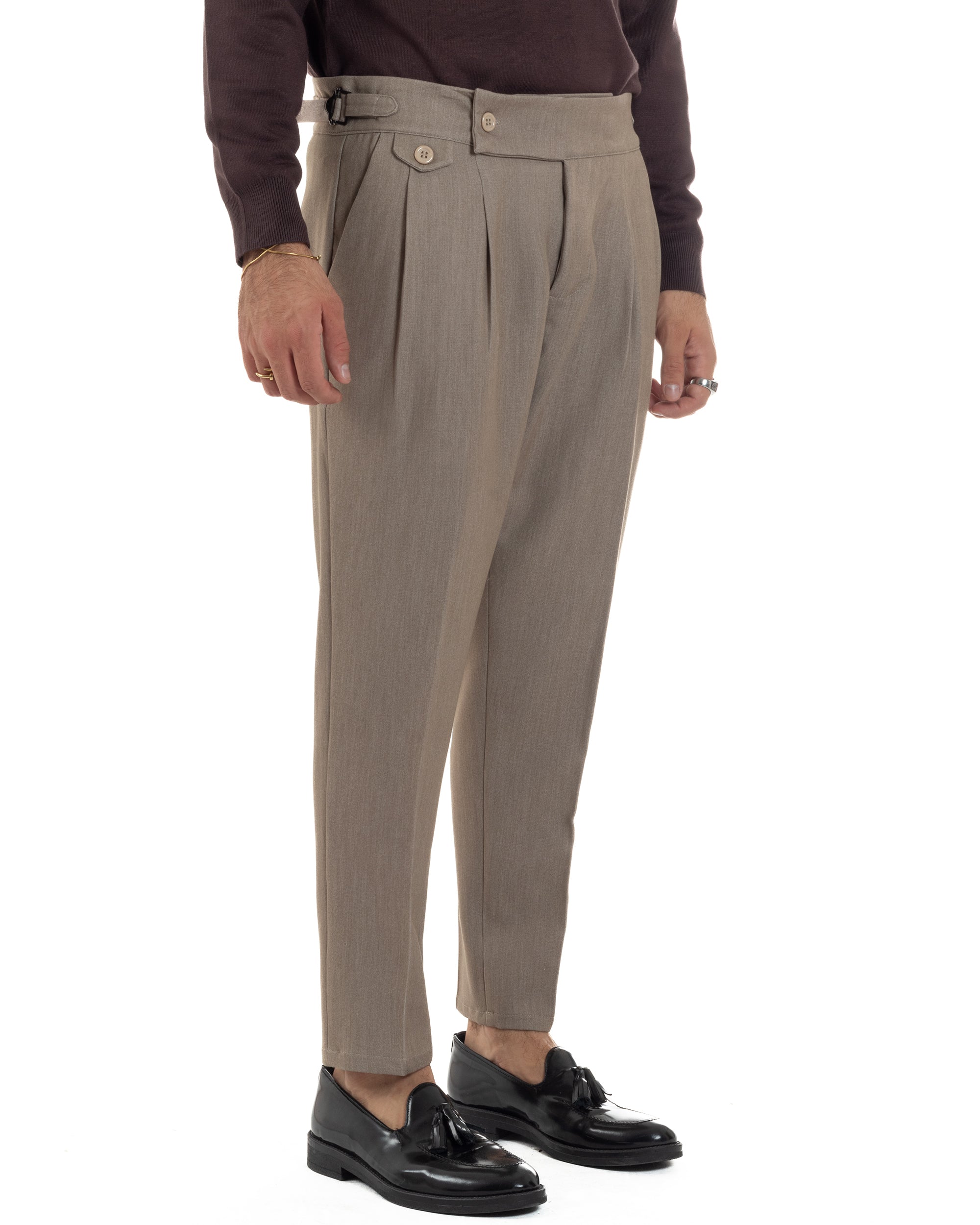 Pantaloni Uomo Classico Con Pinces Viscosa Vita Alta Gurkha Pants Fibbie Beige Melangiato P6368A
