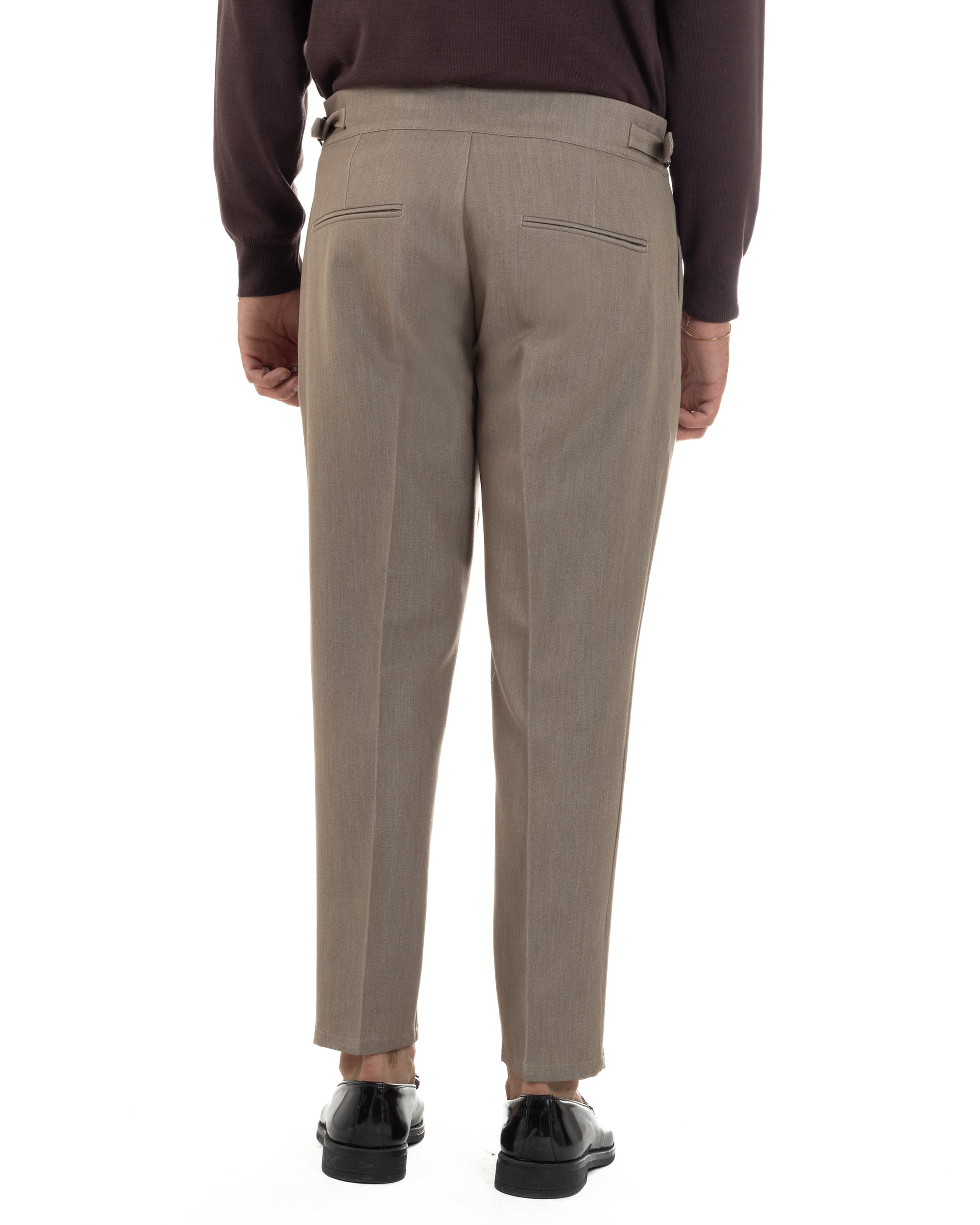 Pantaloni Uomo Classico Con Pinces Viscosa Vita Alta Gurkha Pants Fibbie Beige Melangiato P6368A
