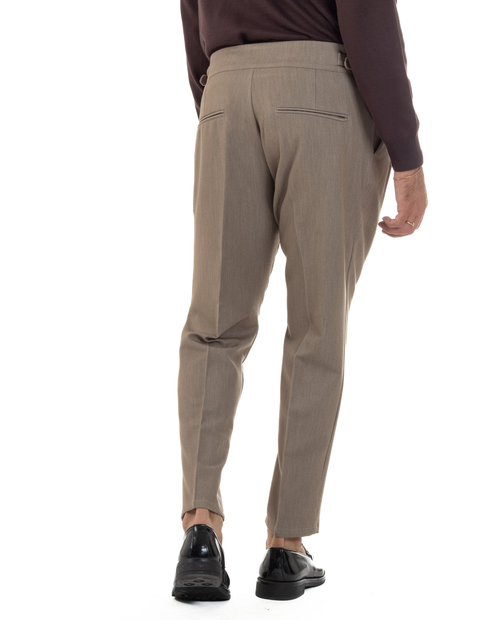 Pantaloni Uomo Classico Con Pinces Viscosa Vita Alta Gurkha Pants Fibbie Beige Melangiato P6368A
