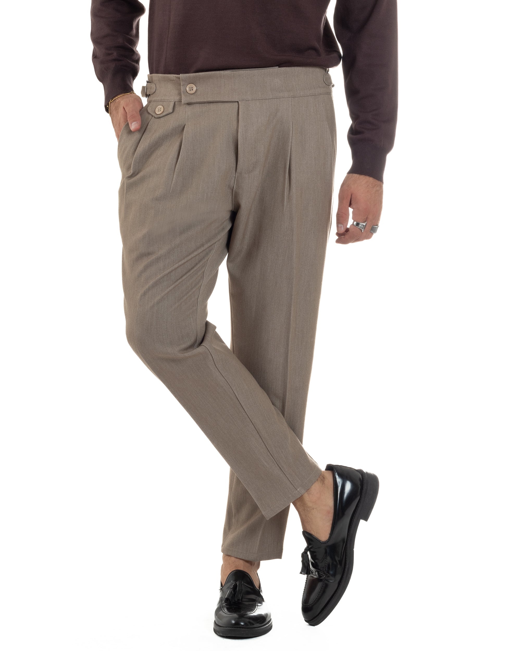 Pantaloni Uomo Classico Con Pinces Viscosa Vita Alta Gurkha Pants Fibbie Beige Melangiato P6368A