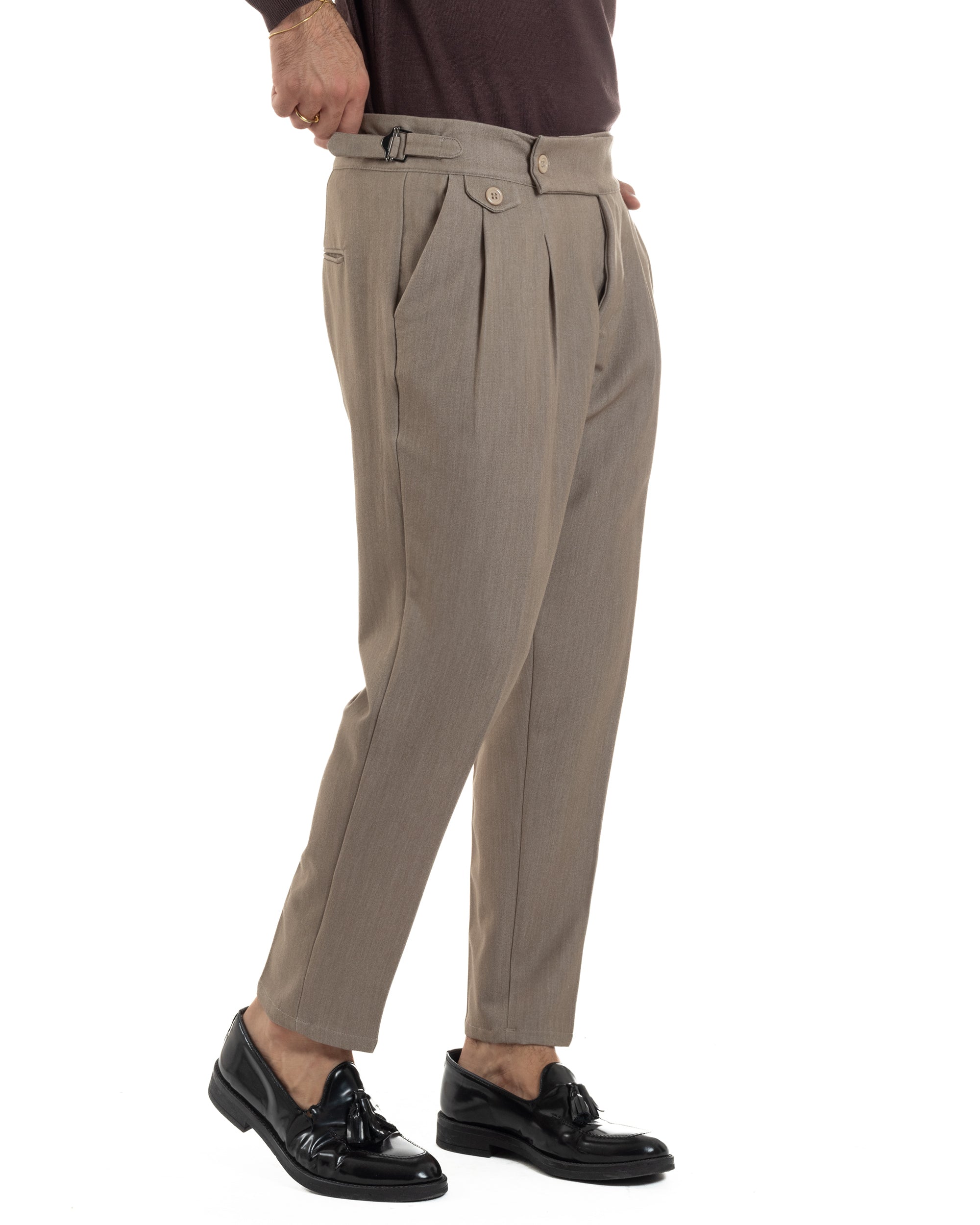 Pantaloni Uomo Classico Con Pinces Viscosa Vita Alta Gurkha Pants Fibbie Beige Melangiato P6368A