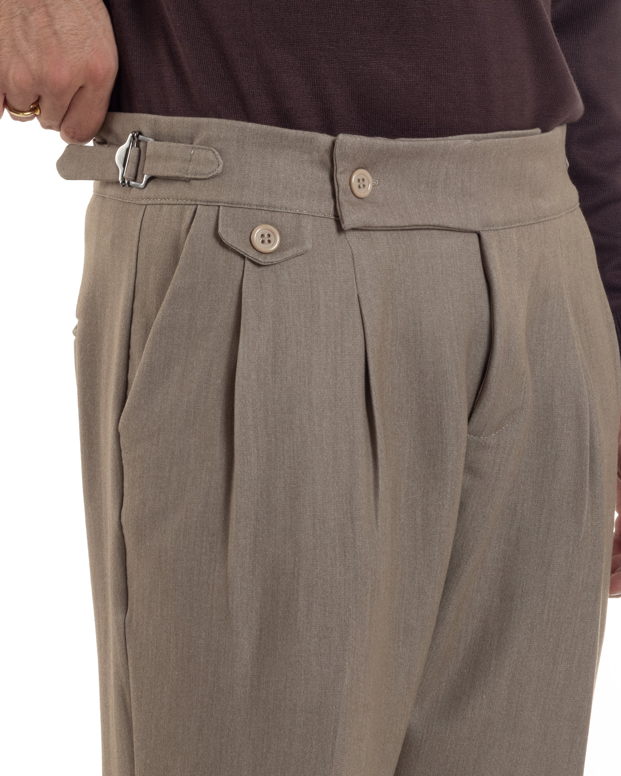Pantaloni Uomo Classico Con Pinces Viscosa Vita Alta Gurkha Pants Fibbie Beige Melangiato P6368A