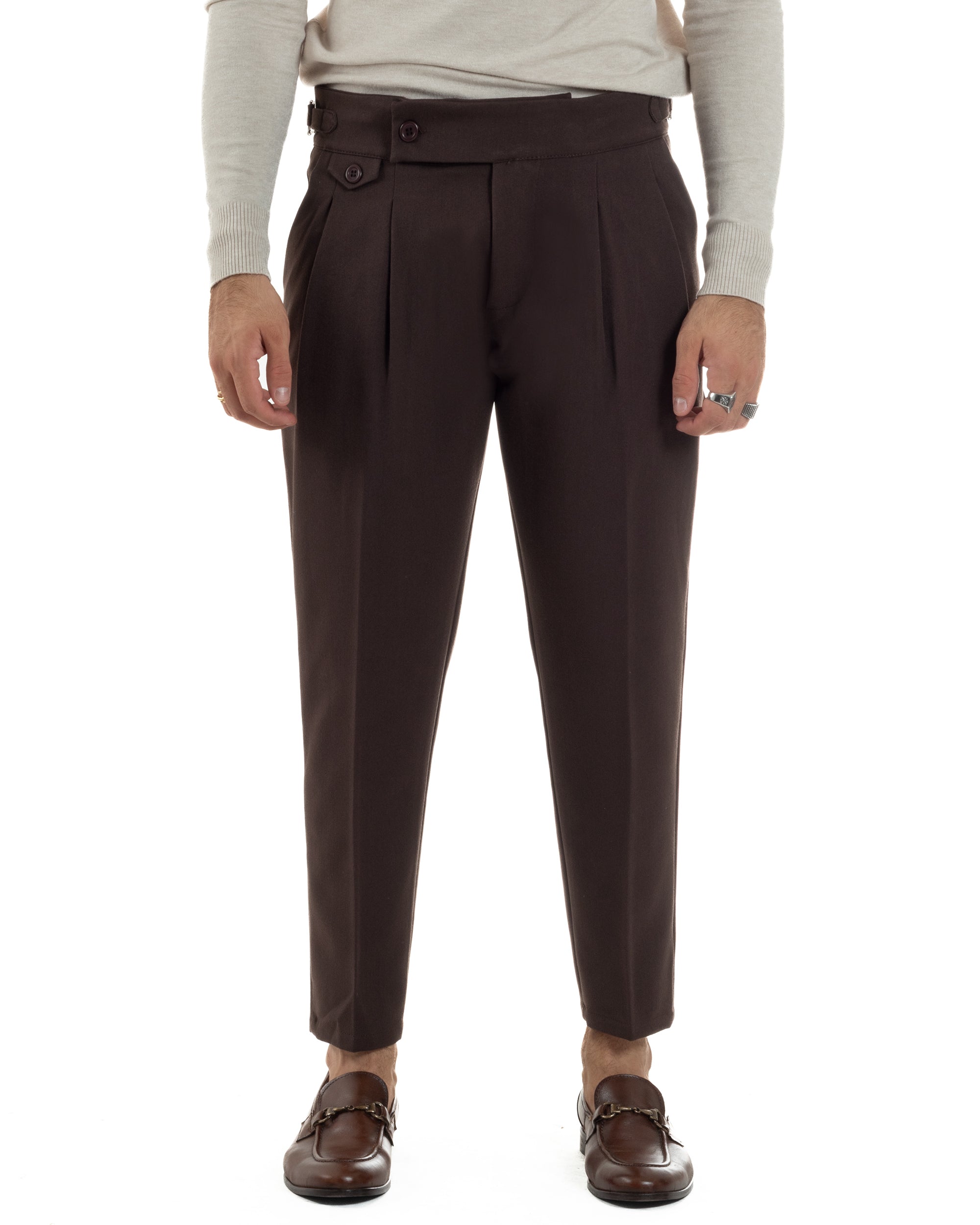 Pantaloni Uomo Classico Con Pinces Viscosa Vita Alta Gurkha Pants Fibbie Marrone P6369A