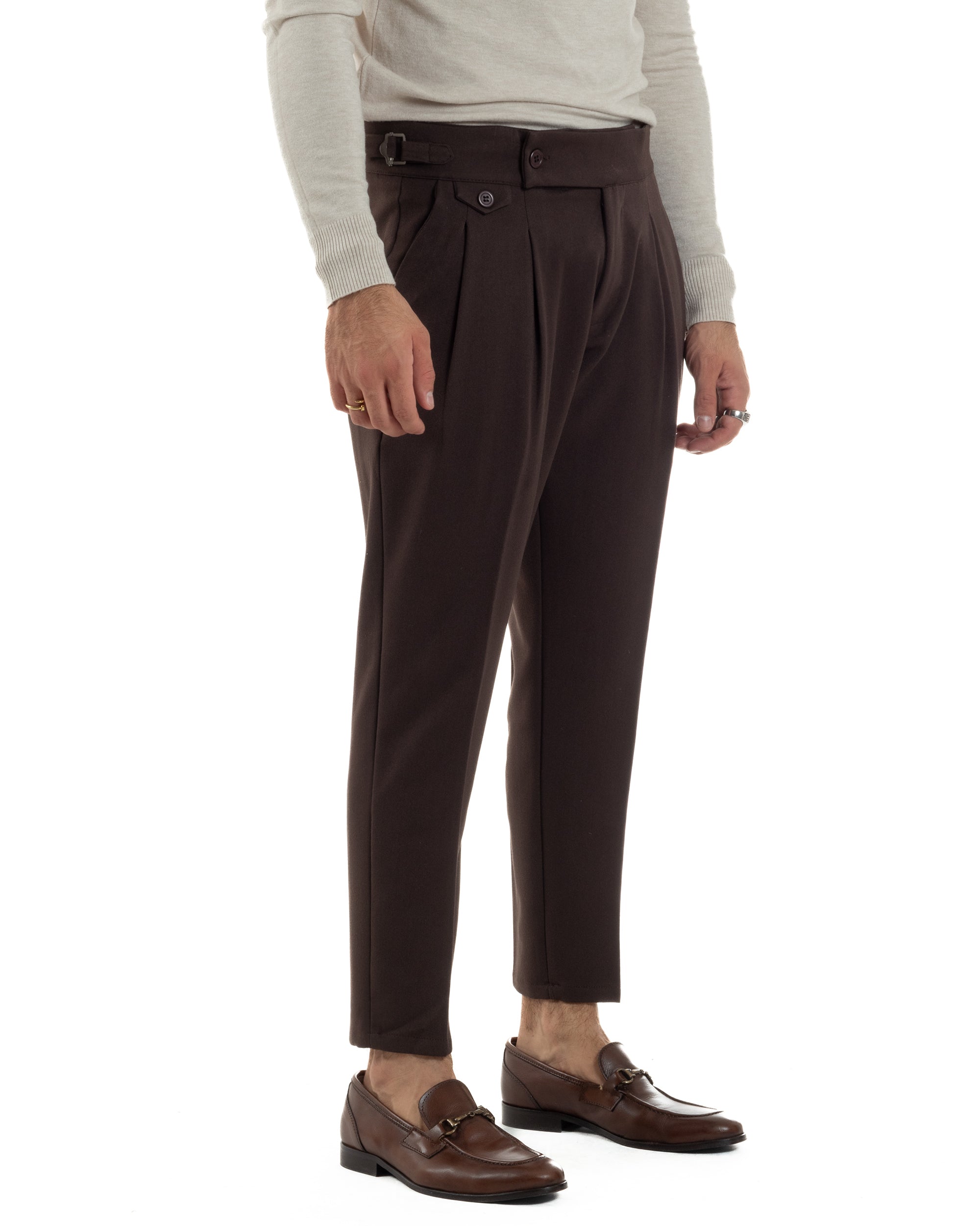Pantaloni Uomo Classico Con Pinces Viscosa Vita Alta Gurkha Pants Fibbie Marrone P6369A