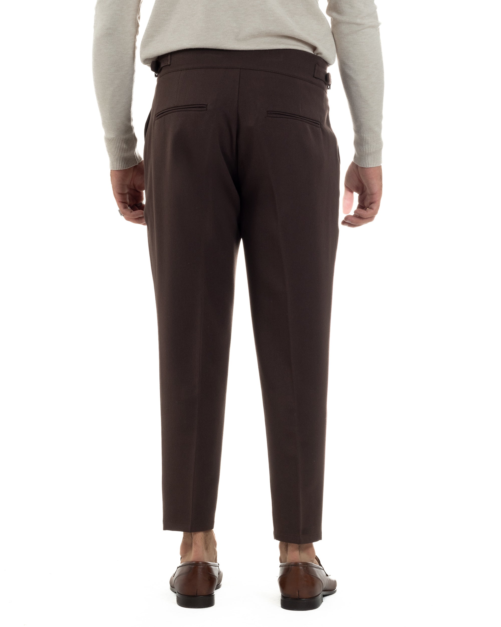 Pantaloni Uomo Classico Con Pinces Viscosa Vita Alta Gurkha Pants Fibbie Marrone P6369A
