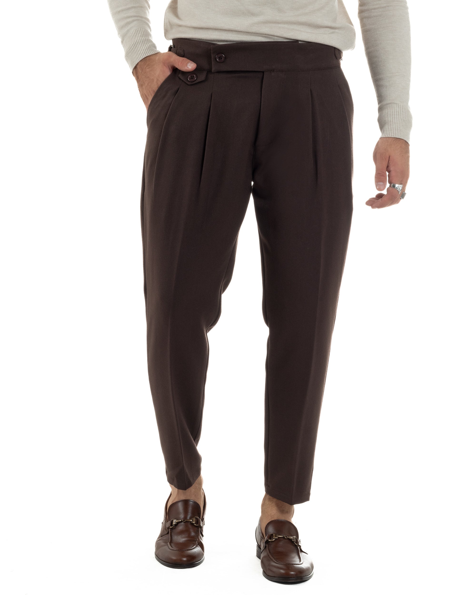 Pantaloni Uomo Classico Con Pinces Viscosa Vita Alta Gurkha Pants Fibbie Marrone P6369A