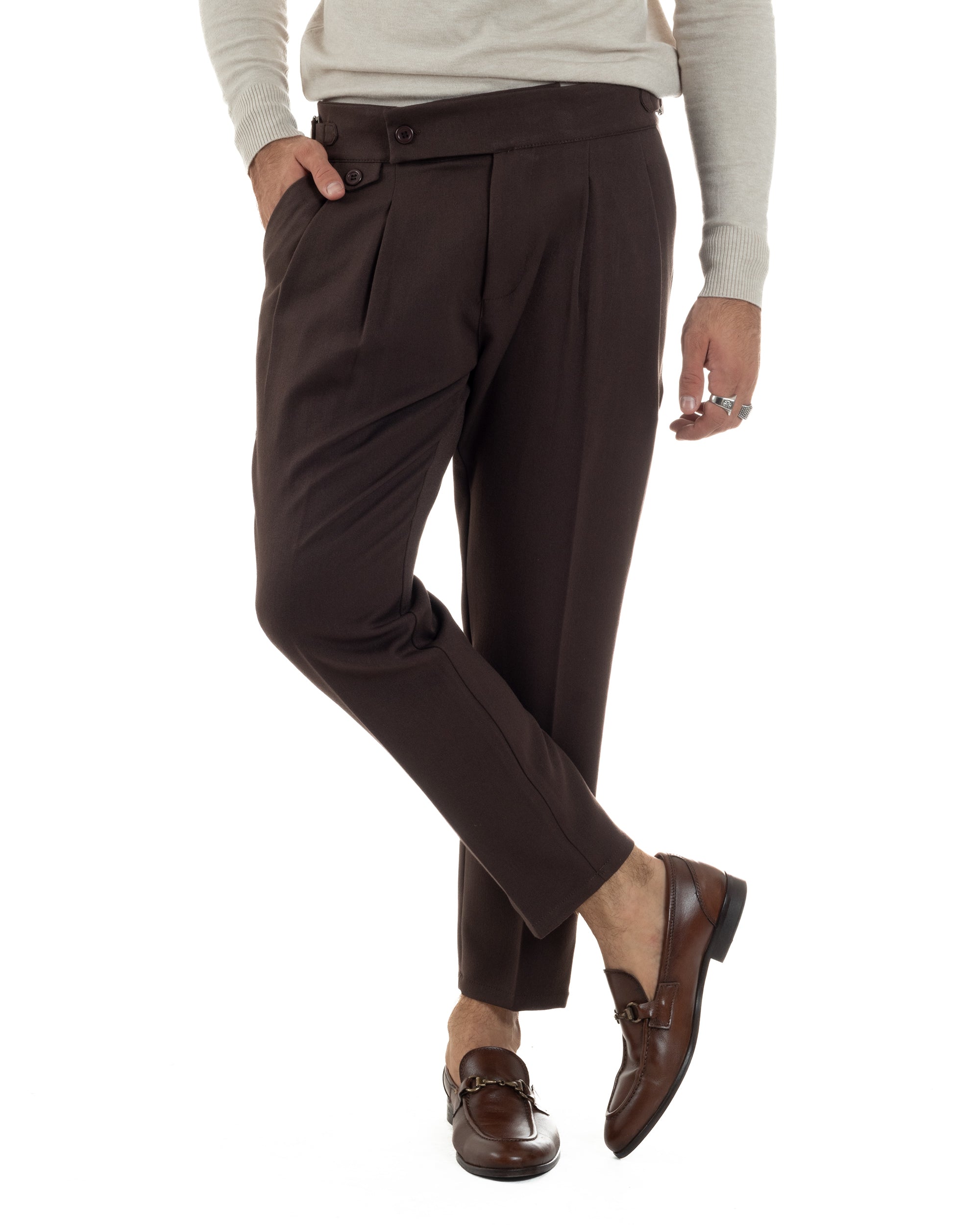 Pantaloni Uomo Classico Con Pinces Viscosa Vita Alta Gurkha Pants Fibbie Marrone P6369A