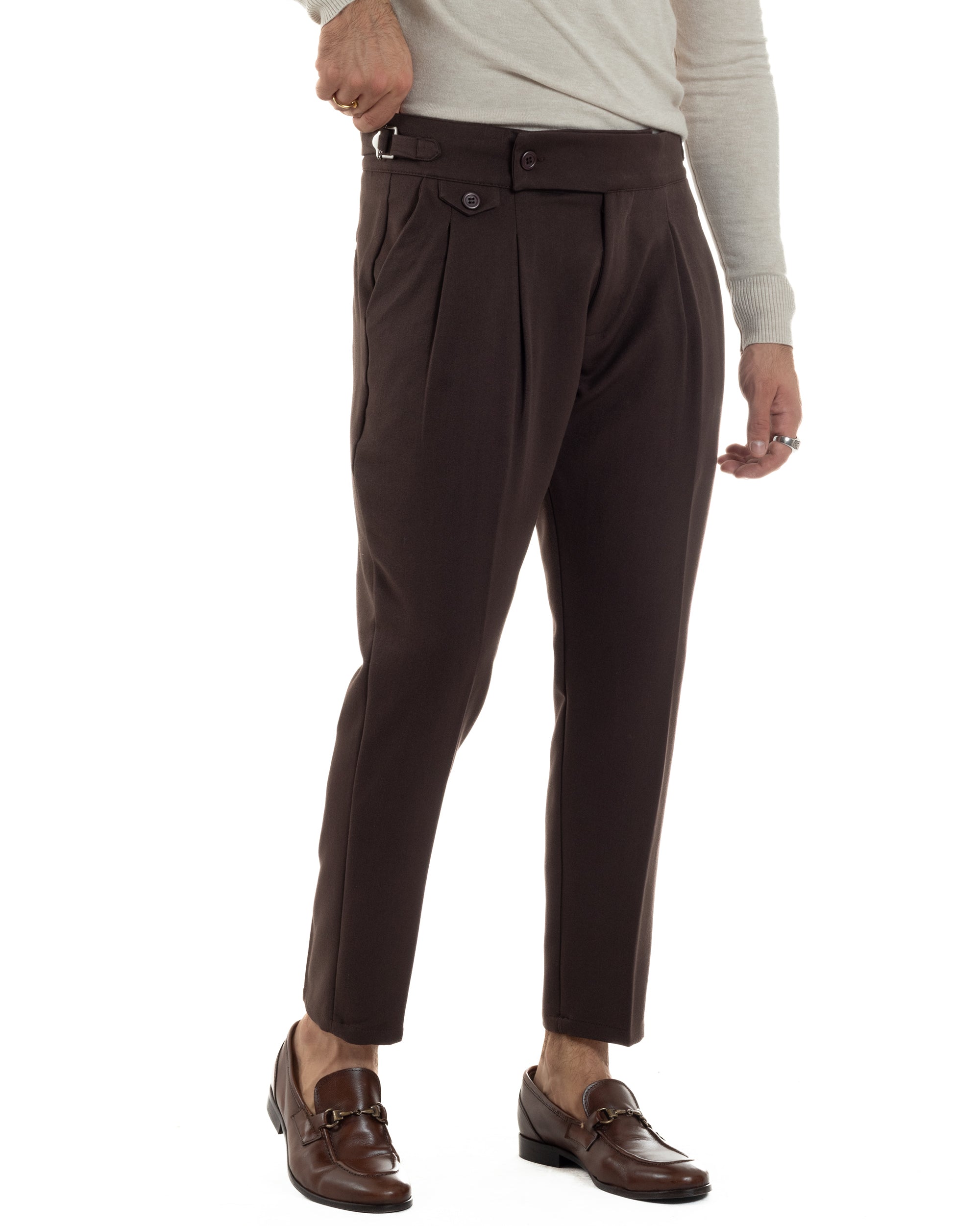 Pantaloni Uomo Classico Con Pinces Viscosa Vita Alta Gurkha Pants Fibbie Marrone P6369A