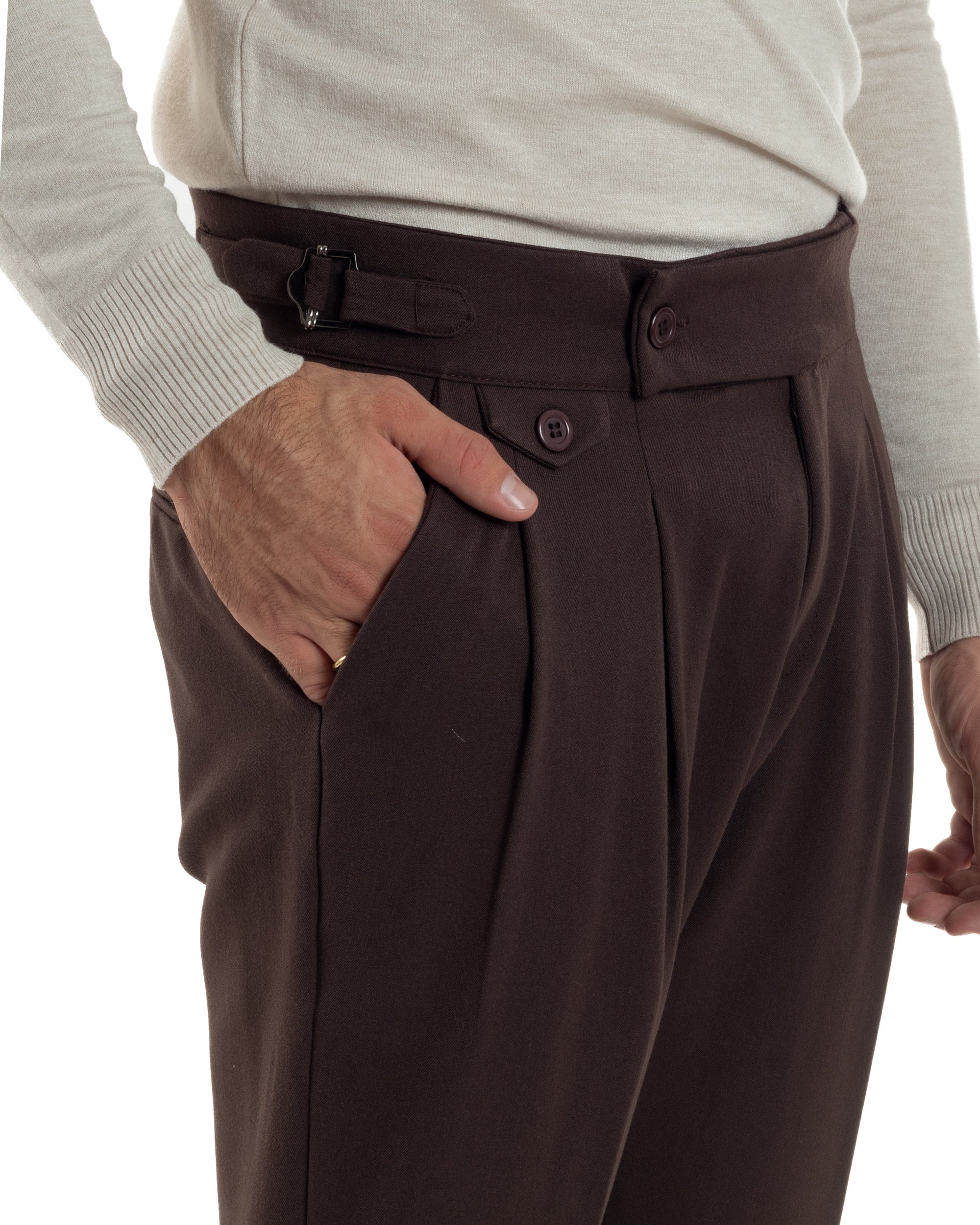 Pantaloni Uomo Classico Con Pinces Viscosa Vita Alta Gurkha Pants Fibbie Marrone P6369A
