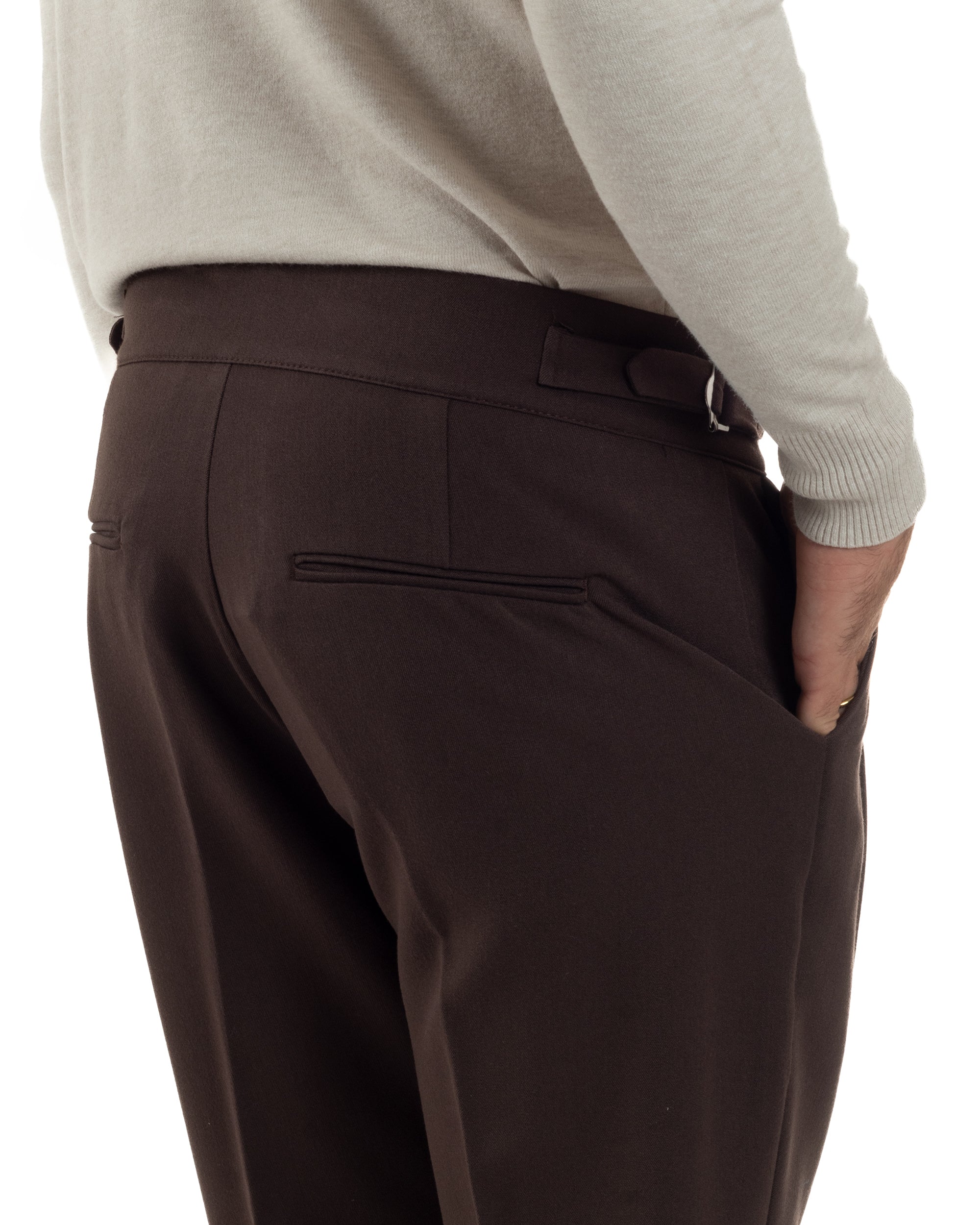Pantaloni Uomo Classico Con Pinces Viscosa Vita Alta Gurkha Pants Fibbie Marrone P6369A