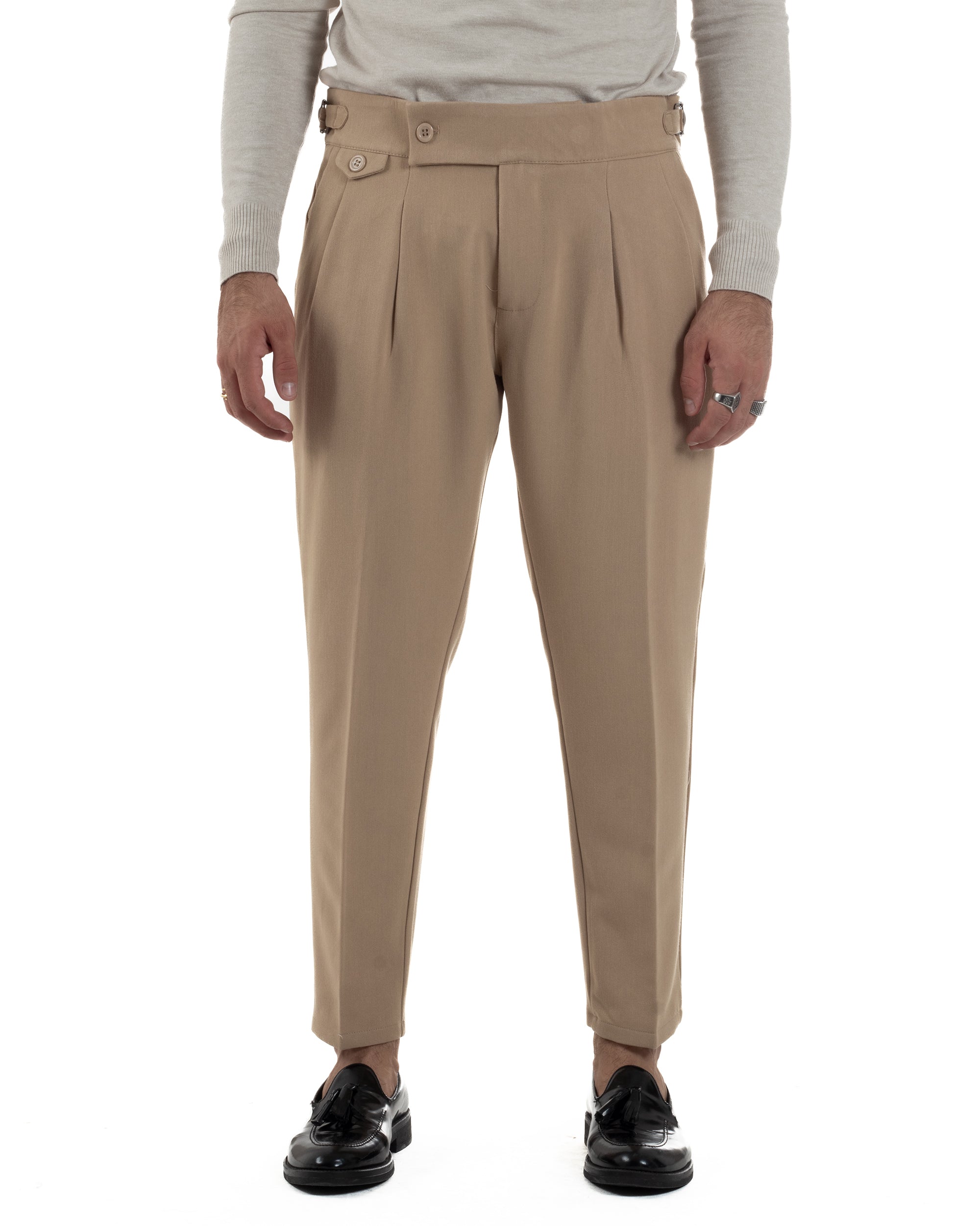 Pantaloni Uomo Classico Con Pinces Viscosa Vita Alta Gurkha Pants Fibbie Beige P6371A