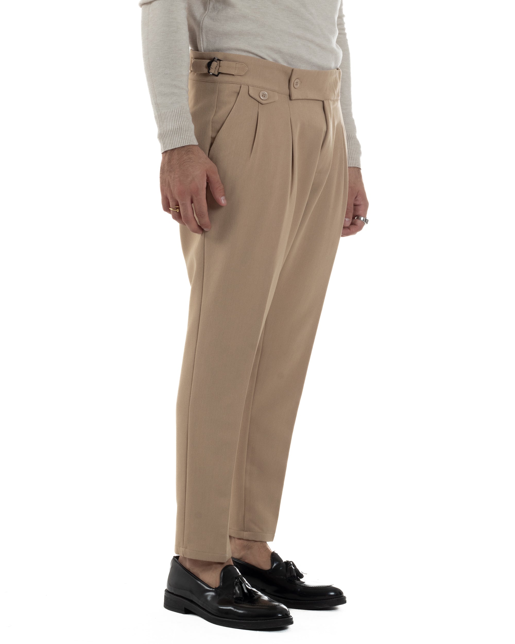 Pantaloni Uomo Classico Con Pinces Viscosa Vita Alta Gurkha Pants Fibbie Beige P6371A