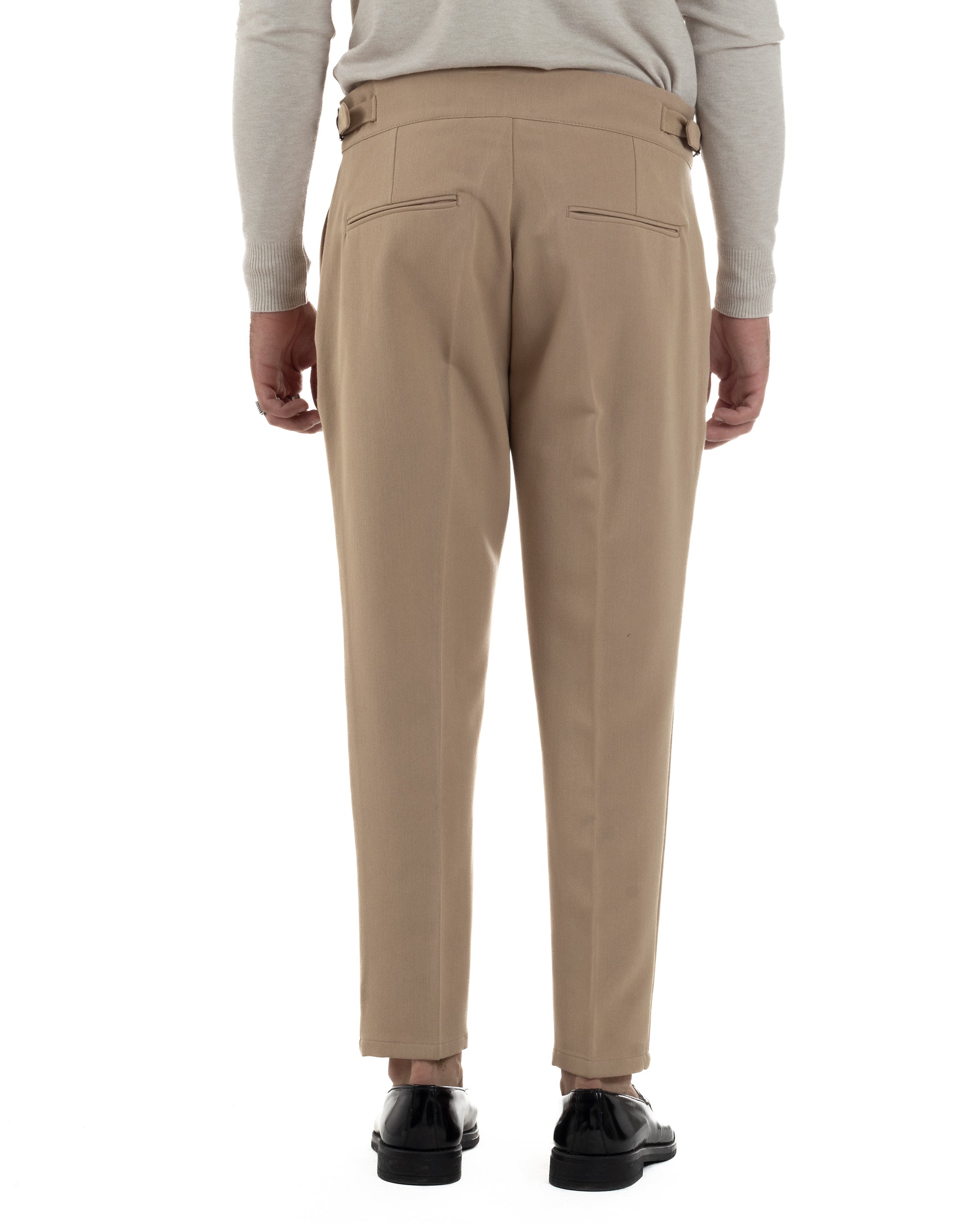 Pantaloni Uomo Classico Con Pinces Viscosa Vita Alta Gurkha Pants Fibbie Beige P6371A