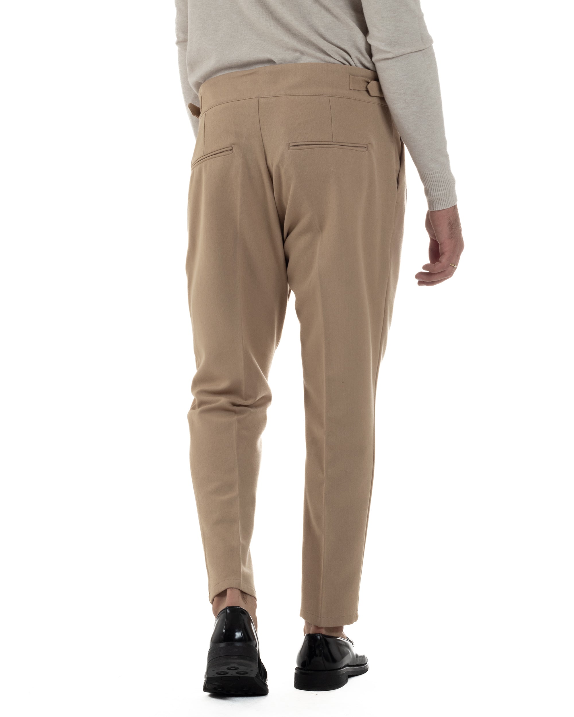 Pantaloni Uomo Classico Con Pinces Viscosa Vita Alta Gurkha Pants Fibbie Beige P6371A