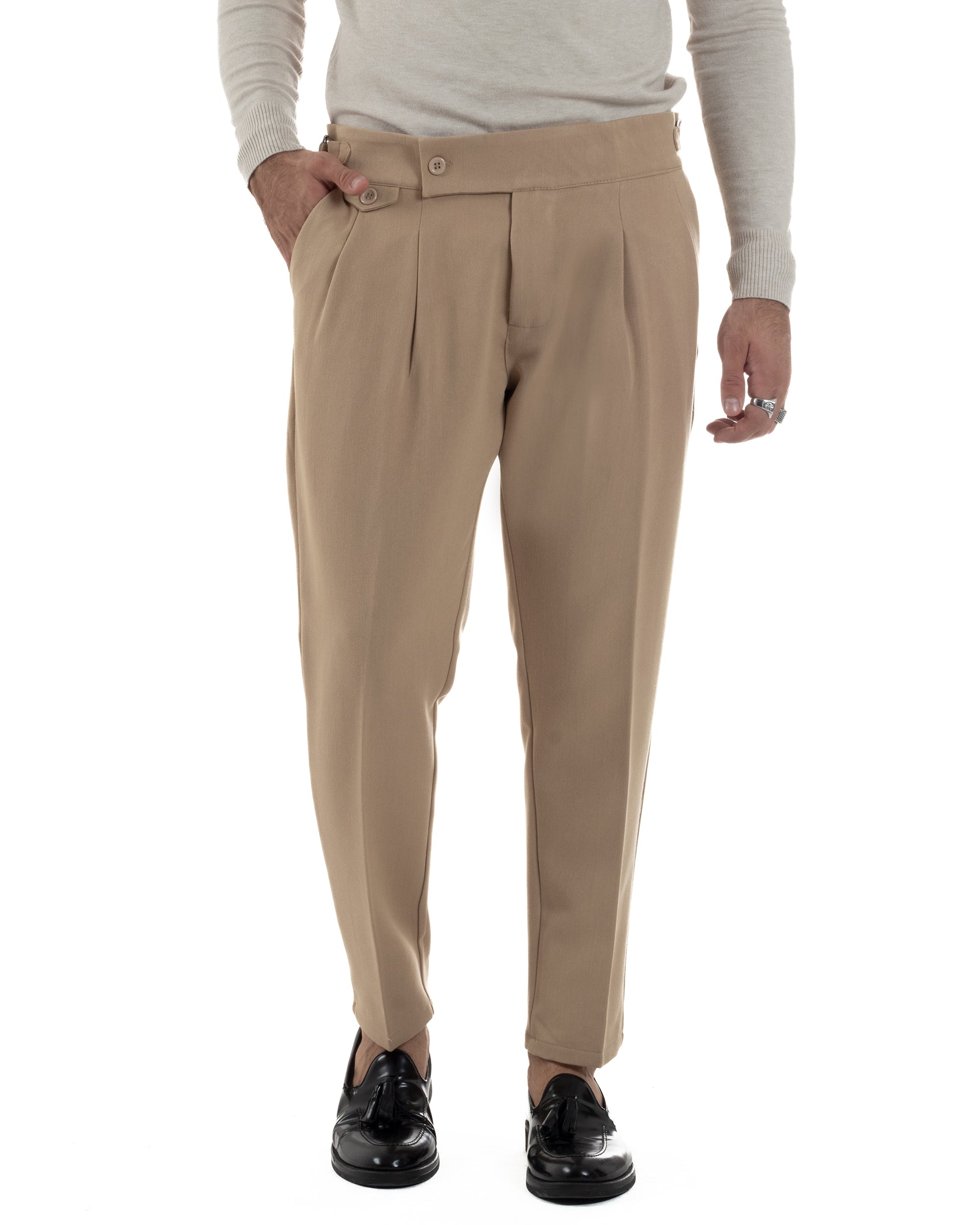 Pantaloni Uomo Classico Con Pinces Viscosa Vita Alta Gurkha Pants Fibbie Beige P6371A