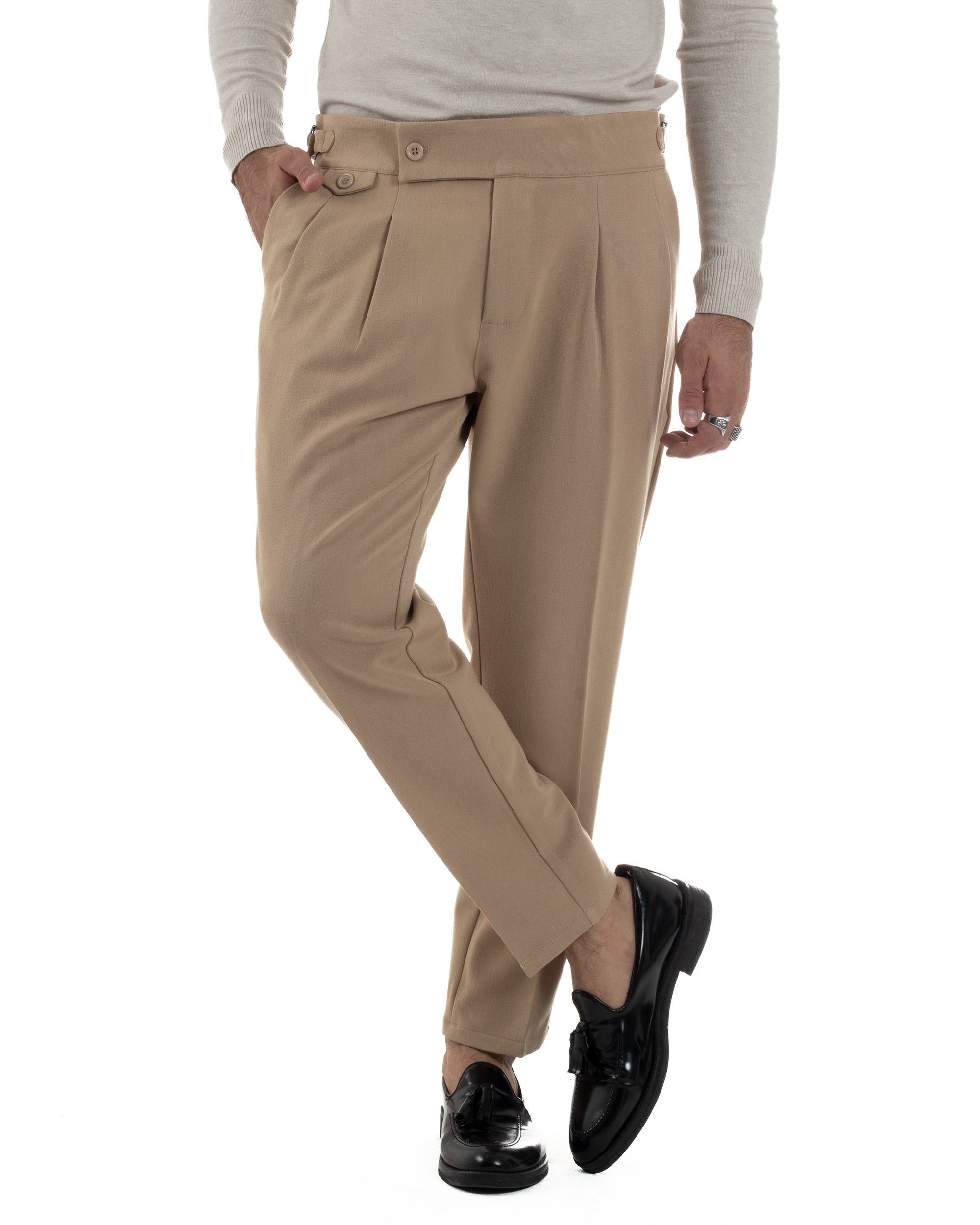 Pantaloni Uomo Classico Con Pinces Viscosa Vita Alta Gurkha Pants Fibbie Beige P6371A