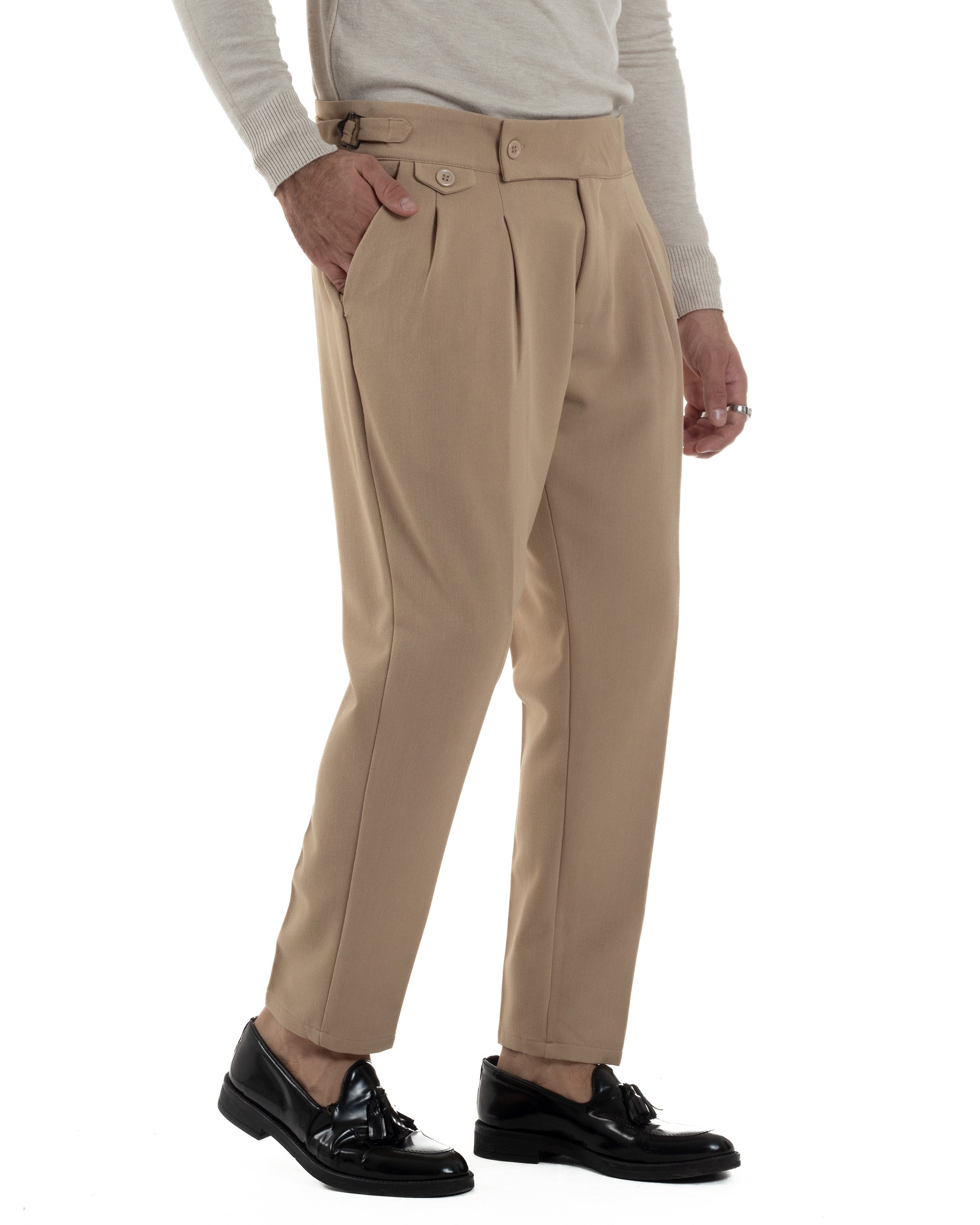 Pantaloni Uomo Classico Con Pinces Viscosa Vita Alta Gurkha Pants Fibbie Beige P6371A