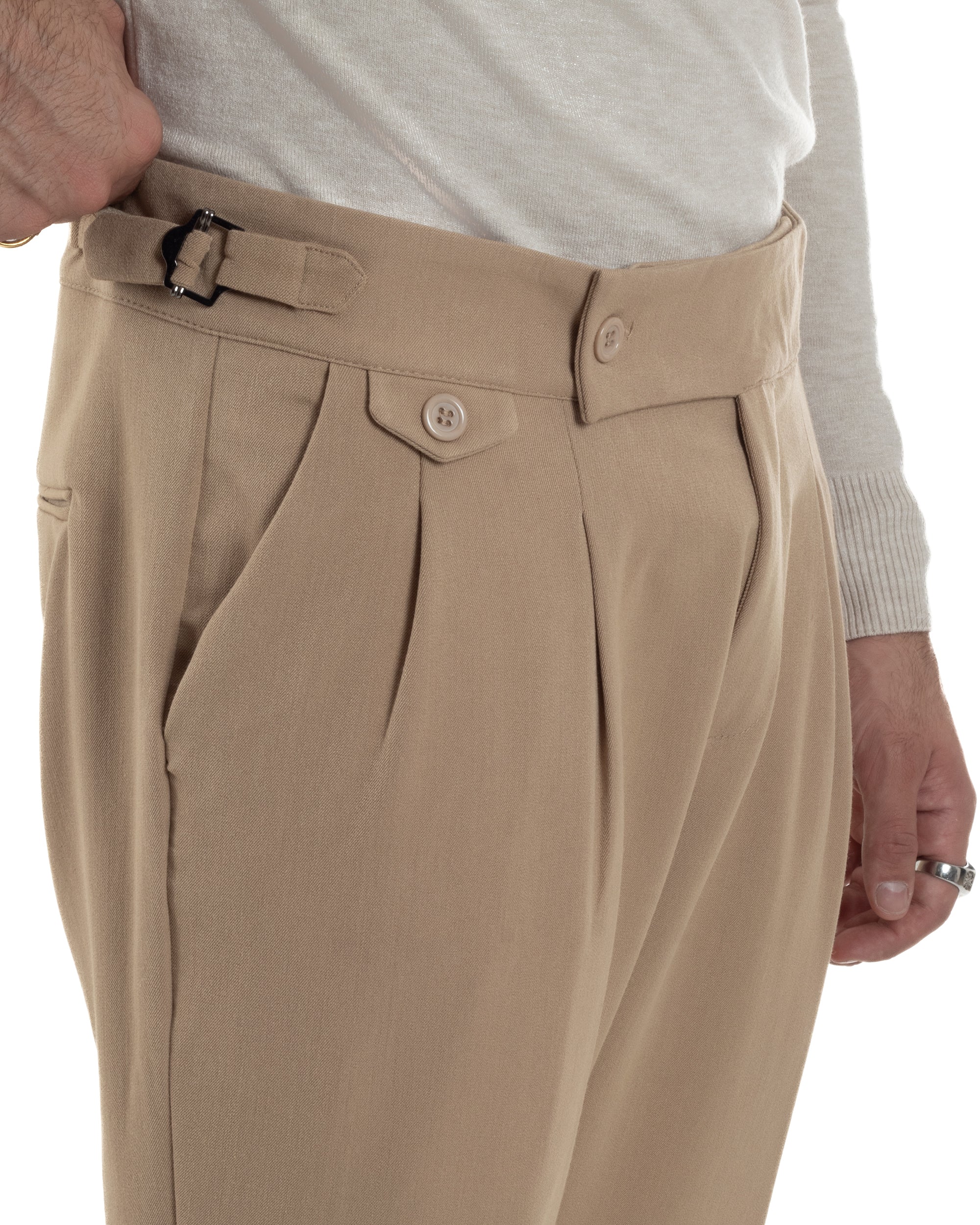 Pantaloni Uomo Classico Con Pinces Viscosa Vita Alta Gurkha Pants Fibbie Beige P6371A