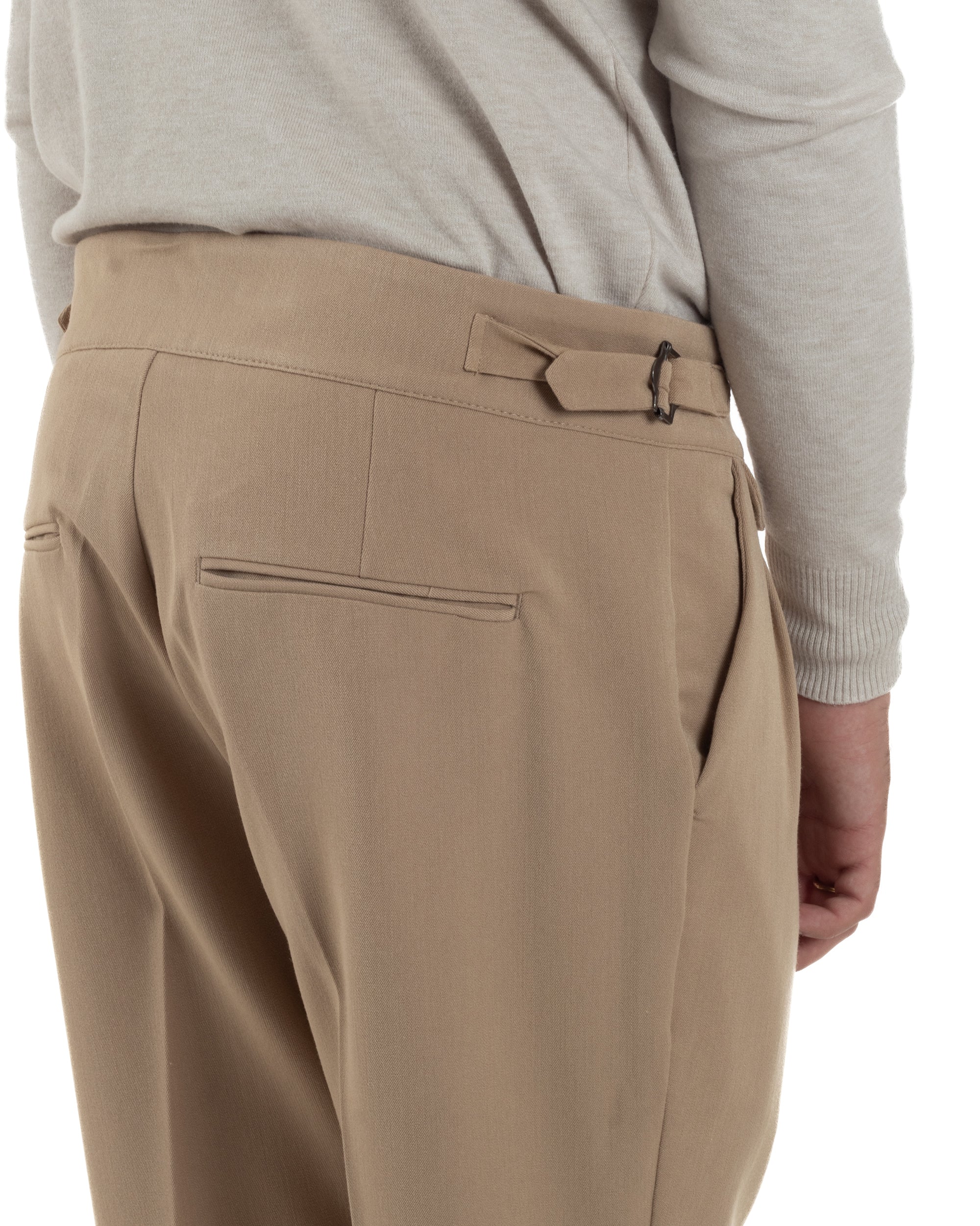 Pantaloni Uomo Classico Con Pinces Viscosa Vita Alta Gurkha Pants Fibbie Beige P6371A