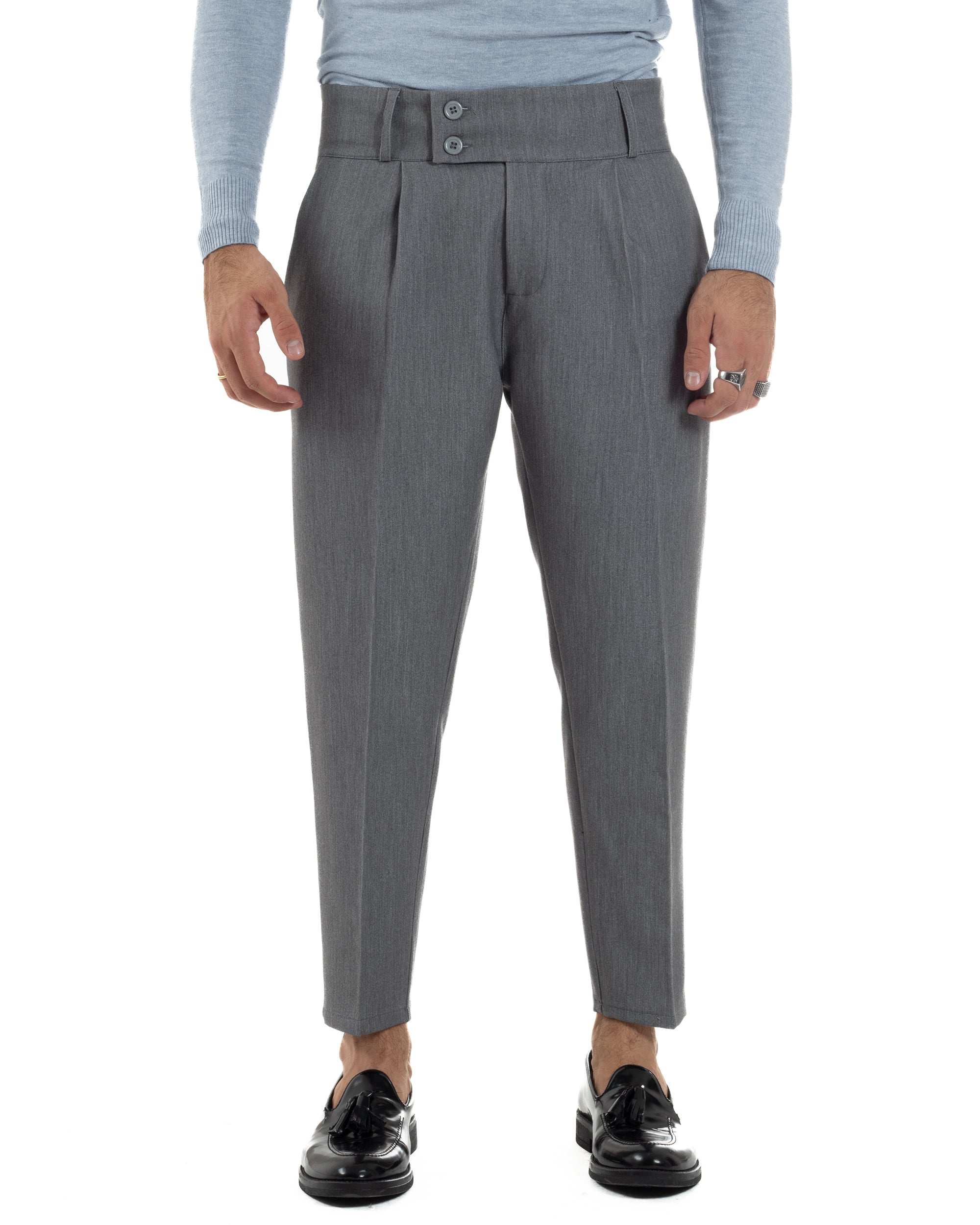 Pantaloni Uomo Viscosa Vita Alta Con Pinces Classico Casual Grigio P6372A