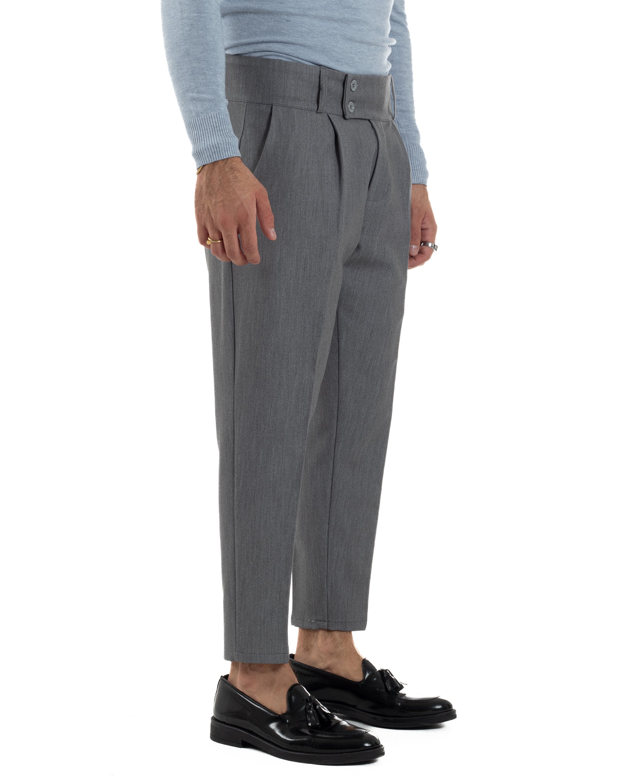 Pantaloni Uomo Viscosa Vita Alta Con Pinces Classico Casual Grigio P6372A