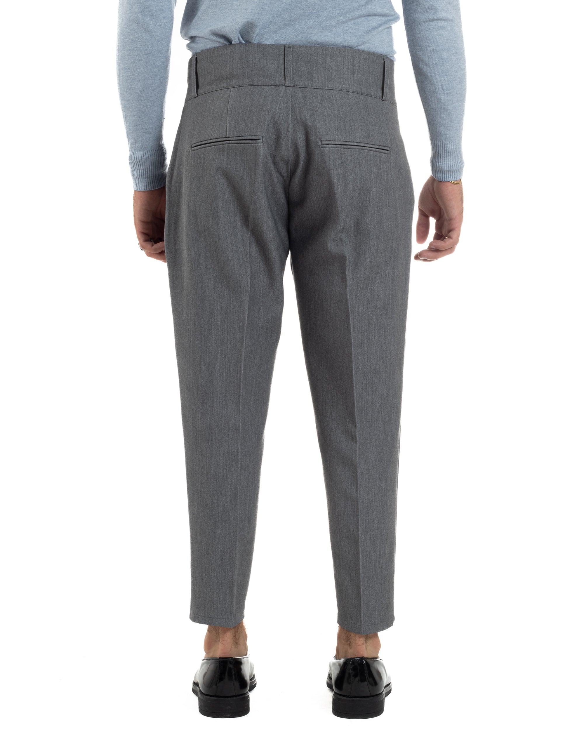 Pantaloni Uomo Viscosa Vita Alta Con Pinces Classico Casual Grigio P6372A