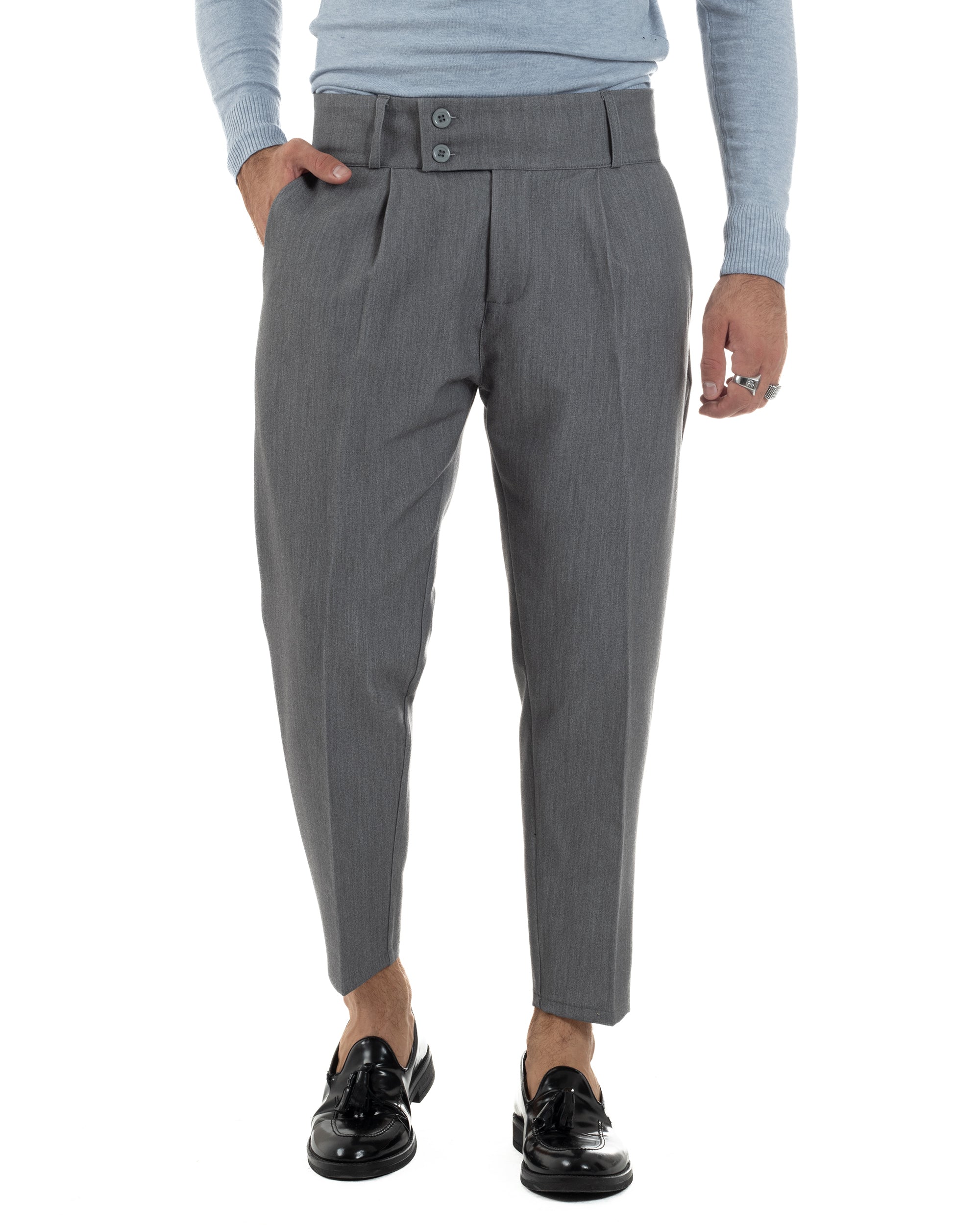 Pantaloni Uomo Viscosa Vita Alta Con Pinces Classico Casual Grigio P6372A