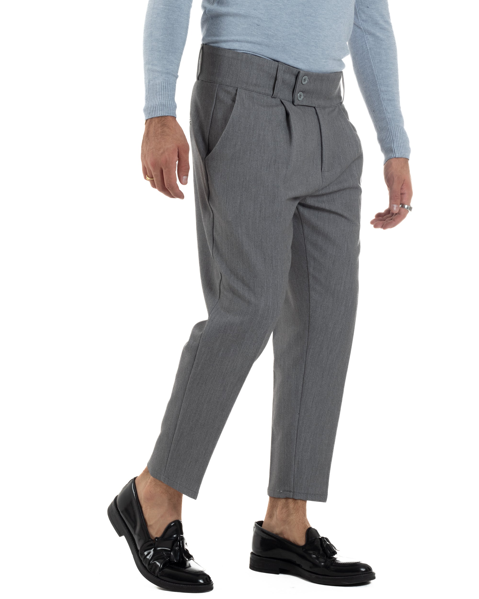 Pantaloni Uomo Viscosa Vita Alta Con Pinces Classico Casual Grigio P6372A