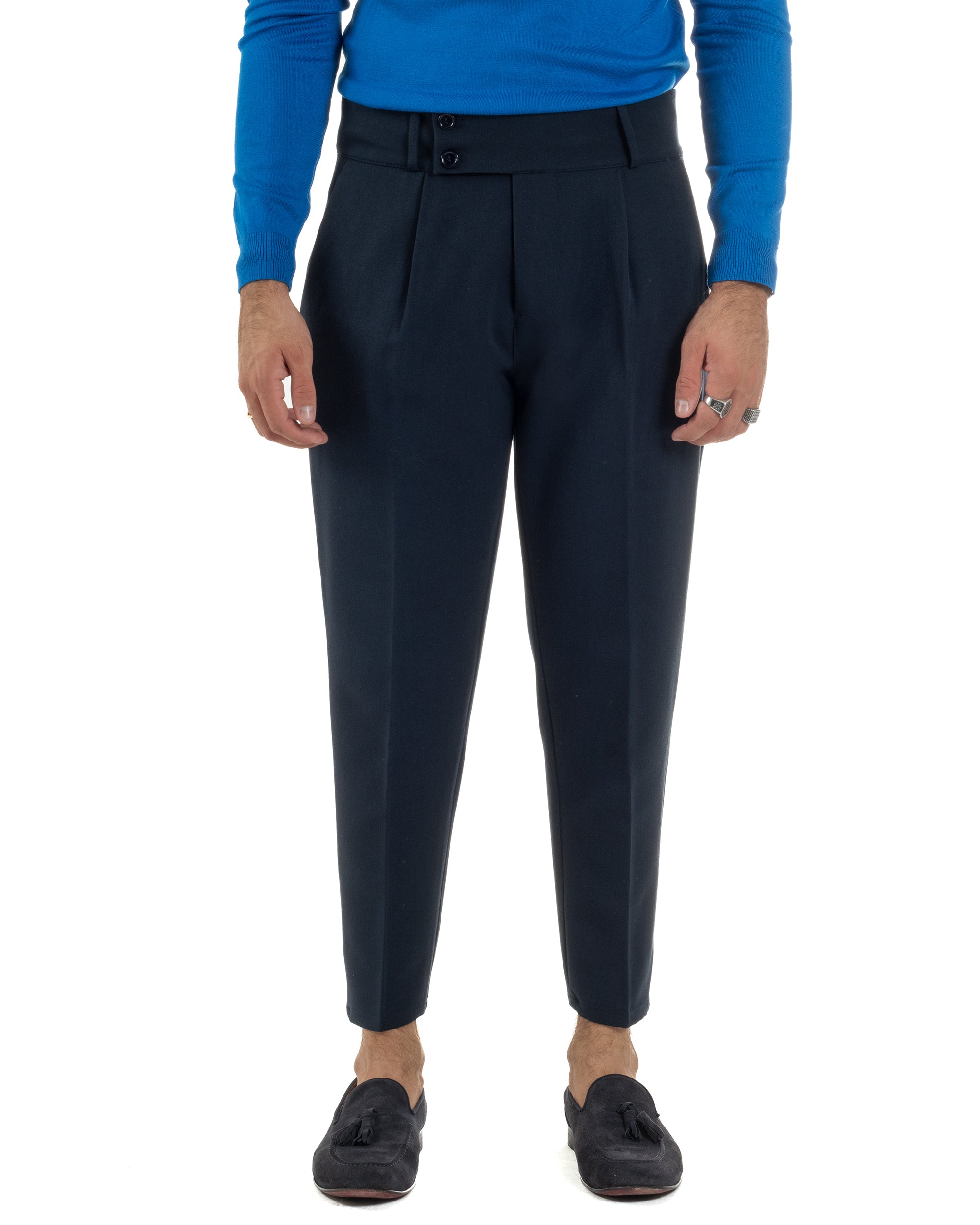 Pantaloni Uomo Viscosa Vita Alta Con Pinces Classico Casual Blu P6373A